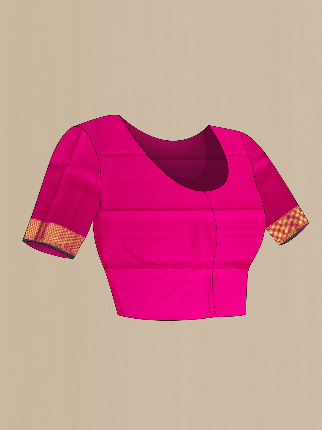 Close up image of the blouse of Pure Silk Pure Zari Magenta Dual Tone Kanjivaram Saree with Checked design on the body and Zari Border. 