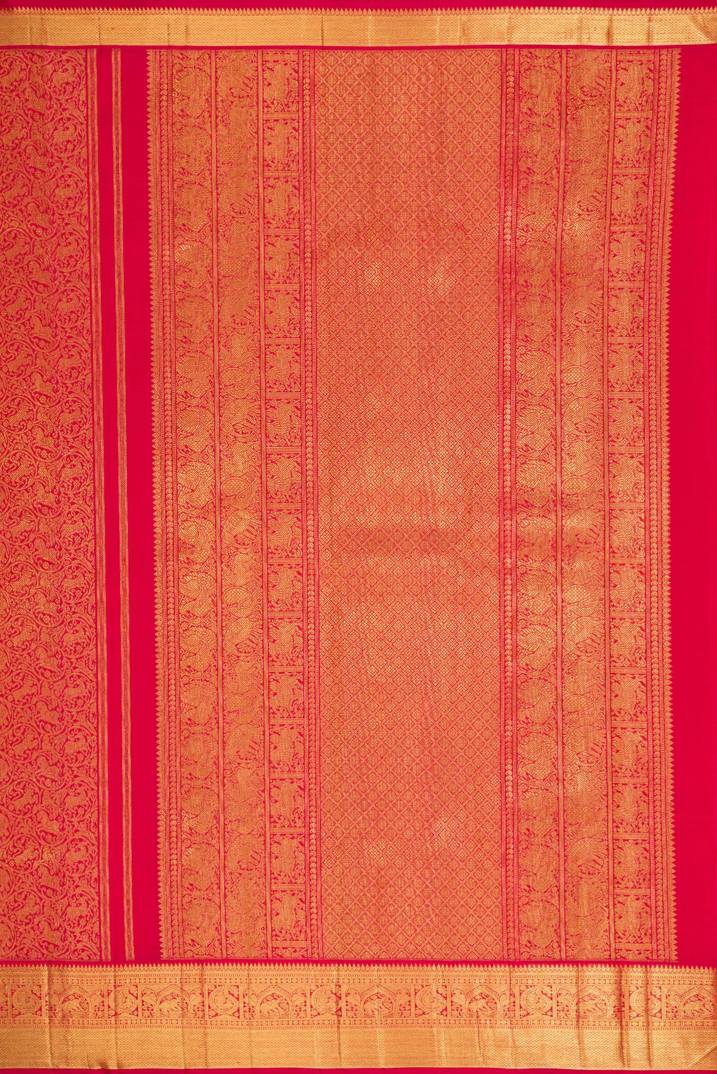 Close up image of the pallu of Pure Silk Pure Zari Dark Pink Dual Tone Kanjivaram Saree with Zari Brocade on the body and Zari Border. 