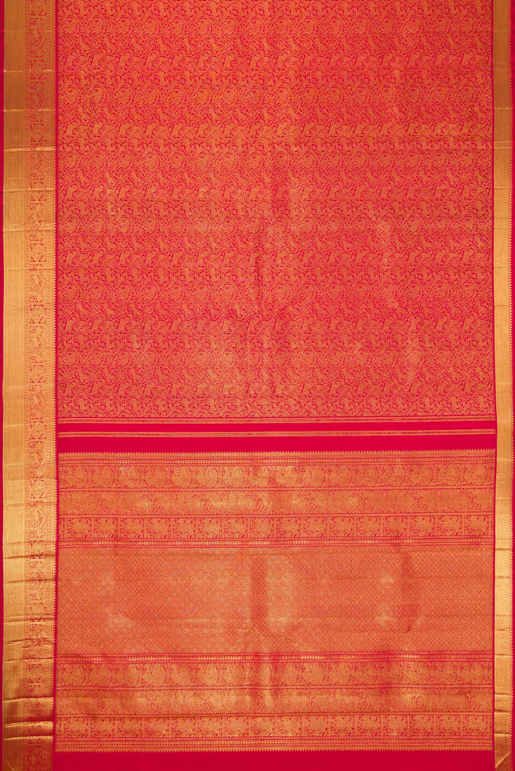 Flat view of Pure Silk Pure Zari Dark Pink Dual Tone Kanjivaram Saree with Zari Brocade on the body and Zari Border. 