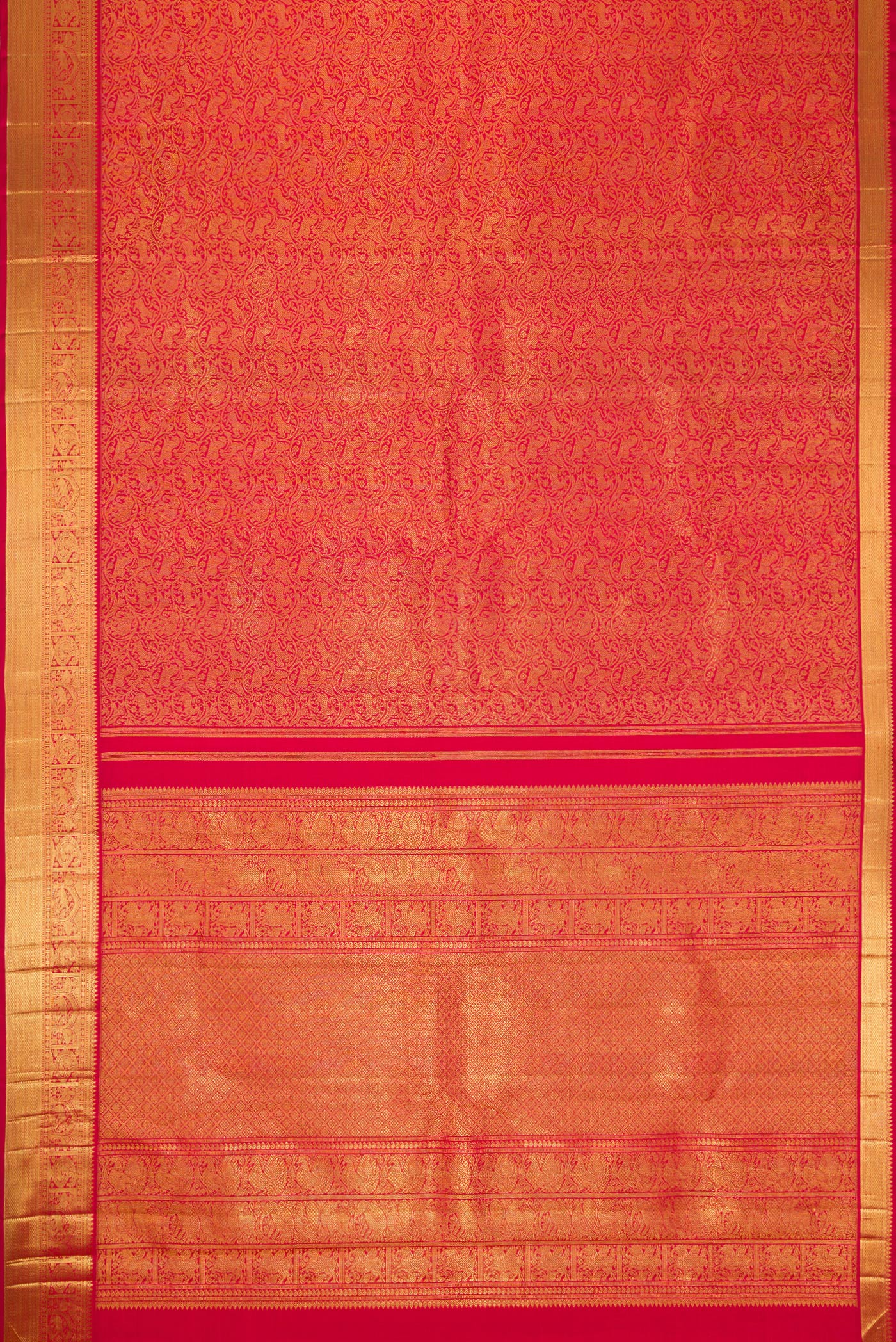 Flat view of Pure Silk Pure Zari Dark Pink Dual Tone Kanjivaram Saree with Zari Brocade on the body and Zari Border. 