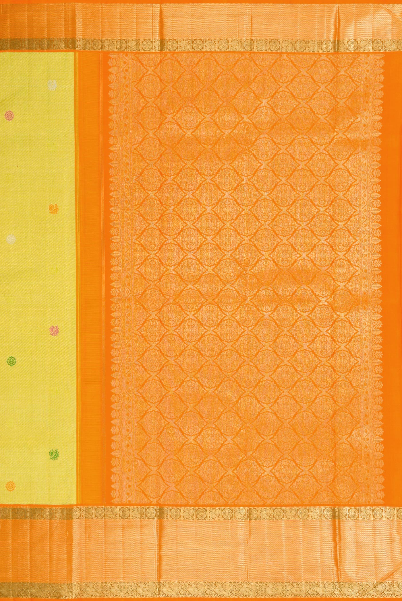 Close up image of the pallu of Lemon Yellow Dual Tone Kanchipuram Silk Saree with Zari Brocade on the body and Zari Border. 