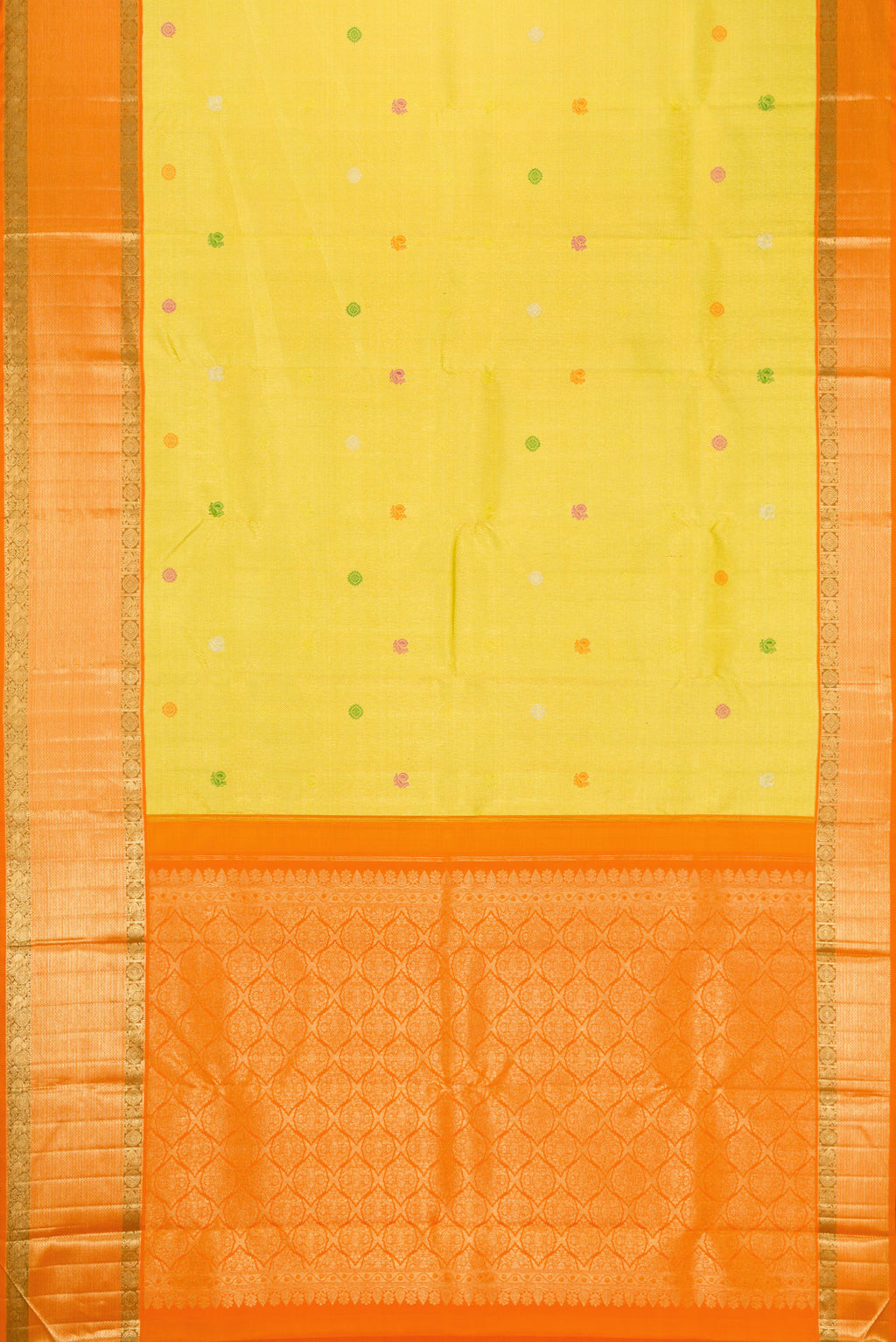 Flat view of Lemon Yellow Dual Tone Kanchipuram Silk Saree with Zari Brocade on the body and Zari Border. 