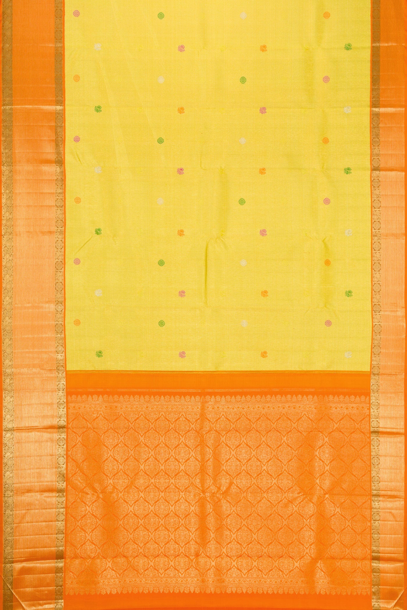 Flat view of Lemon Yellow Dual Tone Kanchipuram Silk Saree with Zari Brocade on the body and Zari Border. 