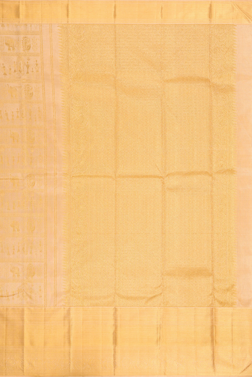 Close up image of the pallu of Rose Gold Dual Tone Kanchipuram Silk Saree with Zari Brocade on the body and Fancy Border. 