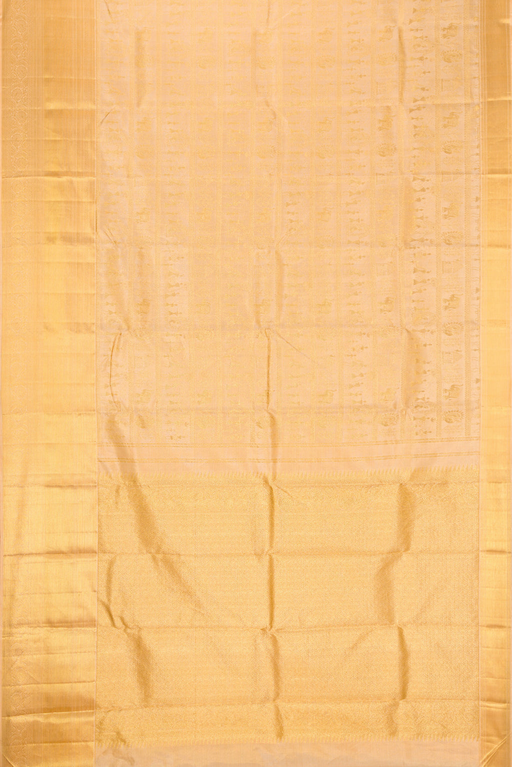Flat view of Rose Gold Dual Tone Kanchipuram Silk Saree with Zari Brocade on the body and Fancy Border. 