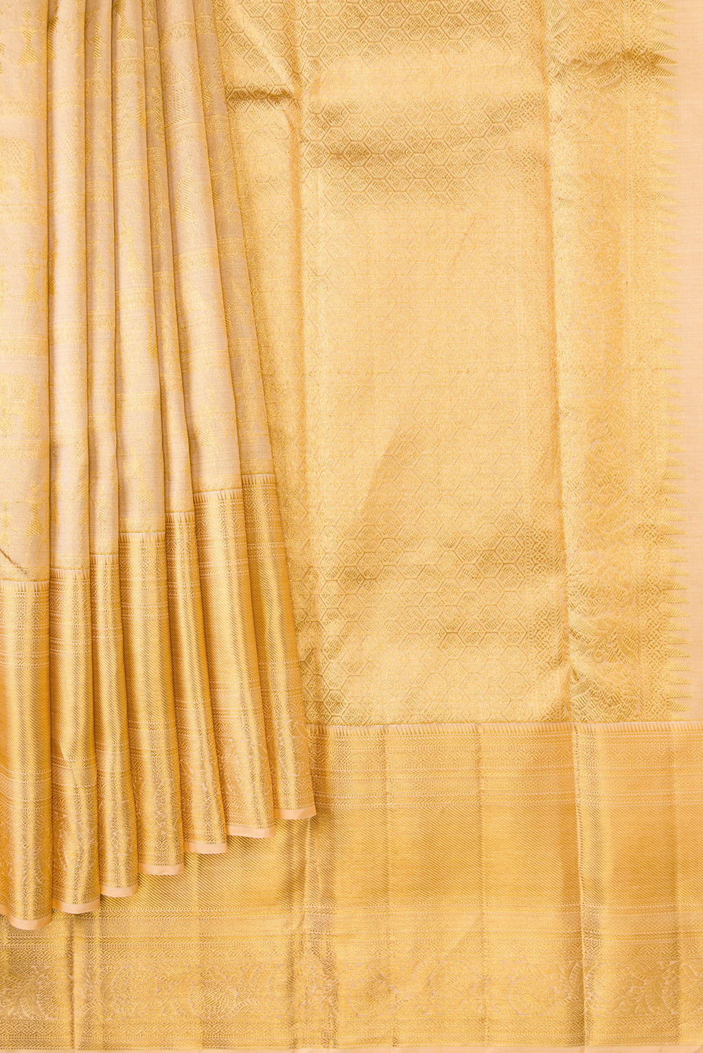 Pleats and pallu of Rose Gold Dual Tone Kanchipuram Silk Saree with Zari Brocade on the body and Fancy Border. 