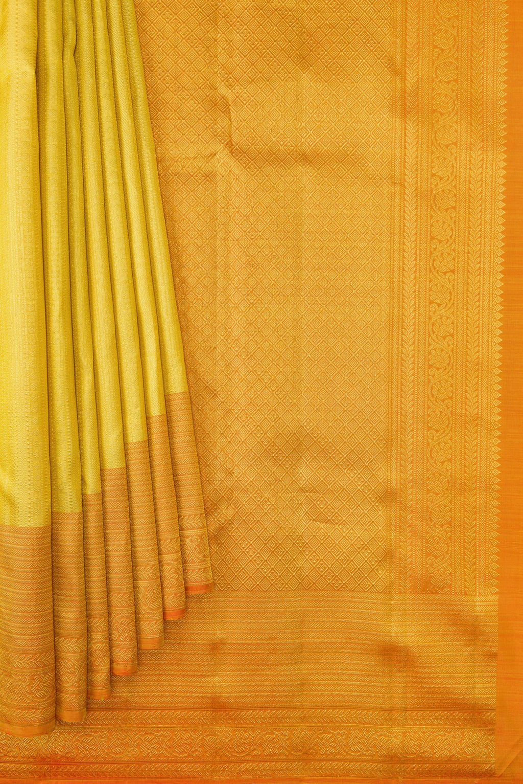 Pleats and pallu of Sandal Dual Tone Kanchipuram Silk Saree with Zari Brocade on the body and Zari Border. 