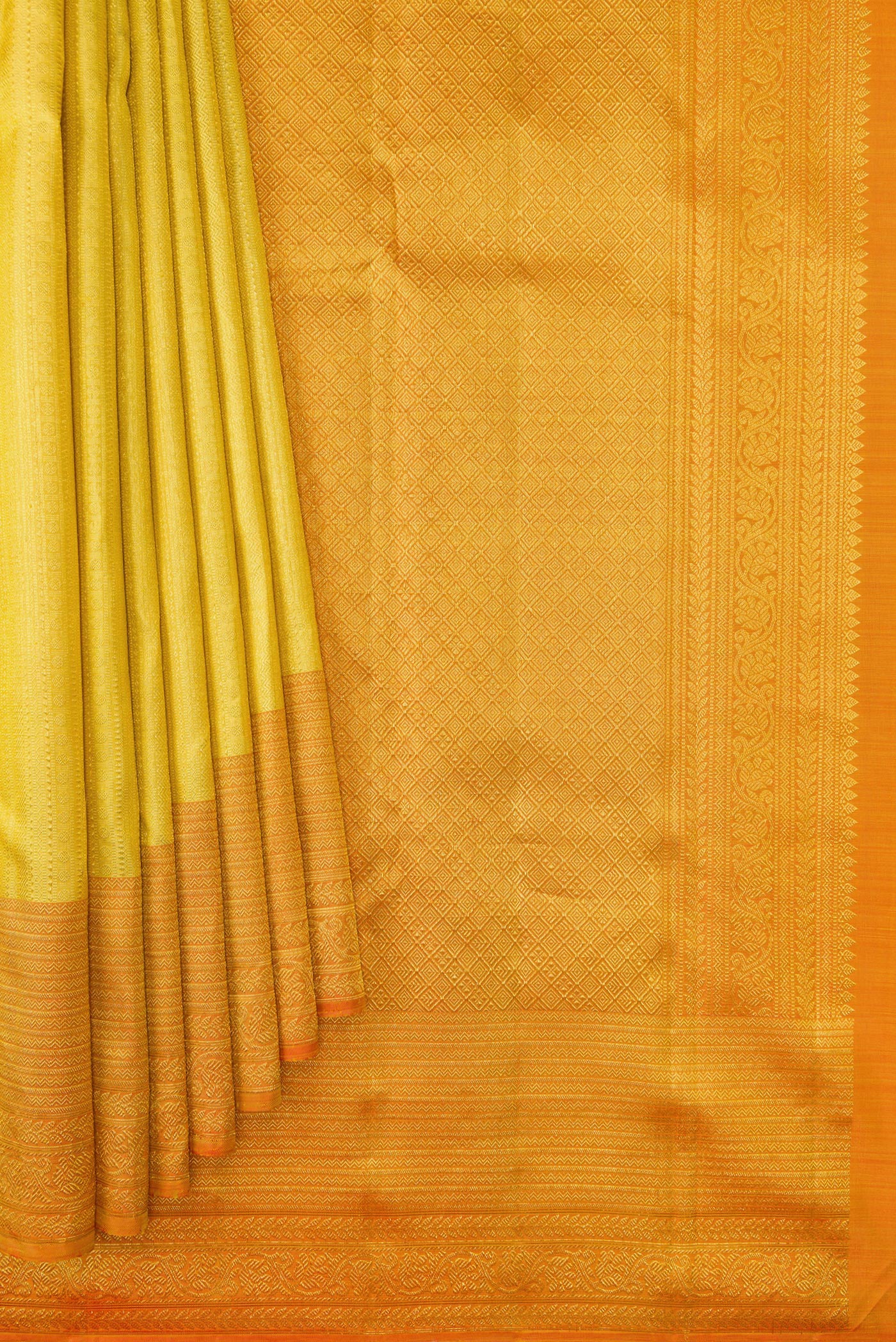Pleats and pallu of Sandal Dual Tone Kanchipuram Silk Saree with Zari Brocade on the body and Zari Border. 