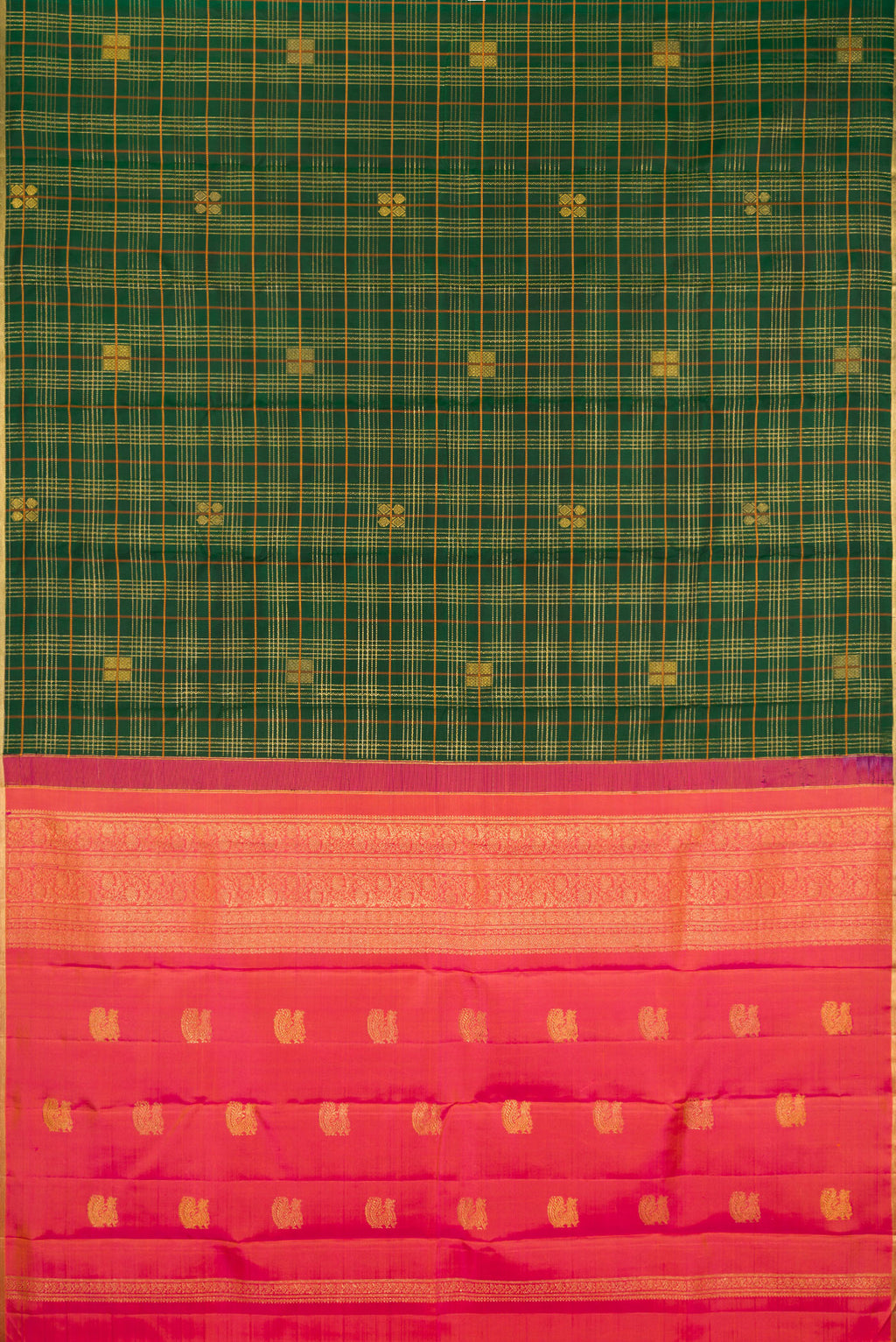 Flat view of Pure Silk Bottle Green Kanjivaram Saree with Checked design on the body and Zari Border. 