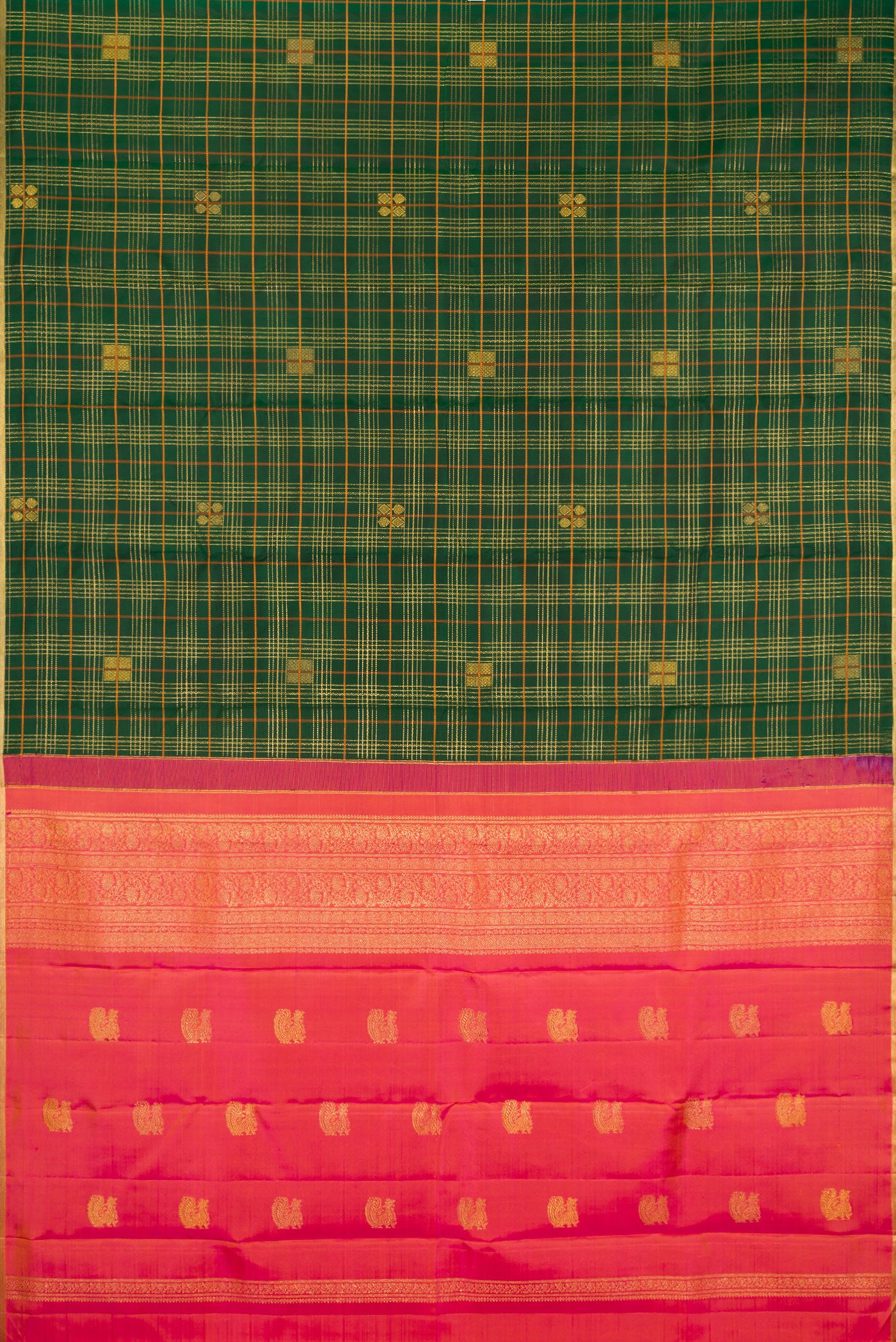 Flat view of Pure Silk Bottle Green Kanjivaram Saree with Checked design on the body and Zari Border. 