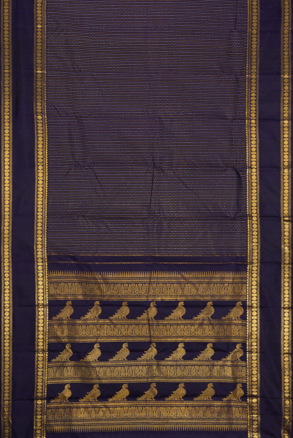 Flat view of Navy Blue Dual Tone Kanjivaram Silk Saree with Zari Butta on the body and Zari Border. 