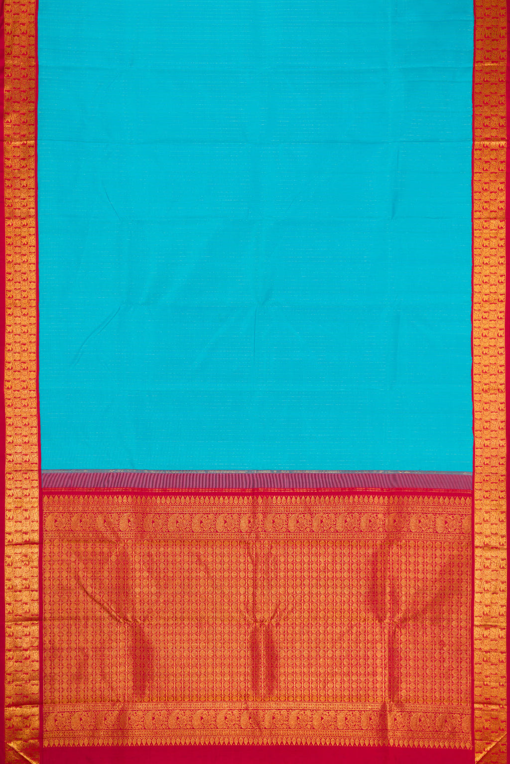 Flat view of Sky Blue Dual Tone Kanjivaram Silk Saree with Stripes on the body and Zari Border. 