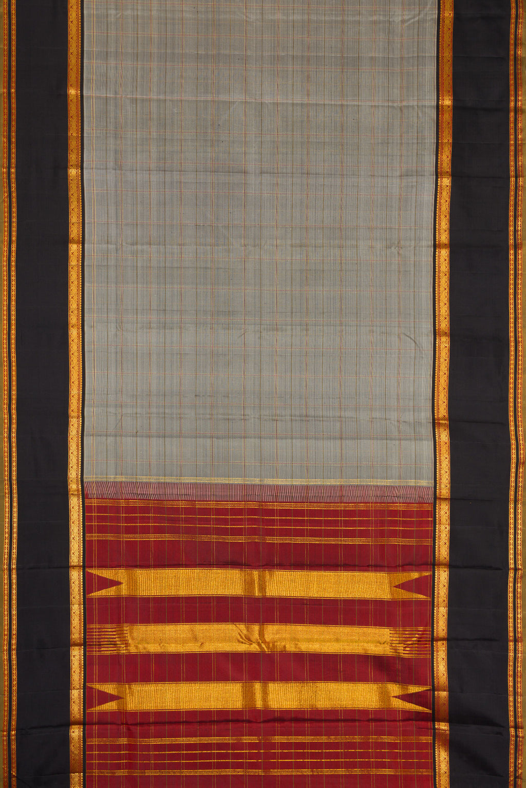 Flat view of Pure Silk Pure Zari Grey Dual Tone Kanchipuram Saree with Checked design on the body and Zari Border. 