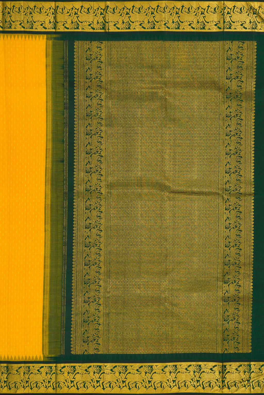 Close up image of the pallu of Yellow Dual Tone Kanjivaram Silk Saree with Zari Butta on the body and Zari Border. 