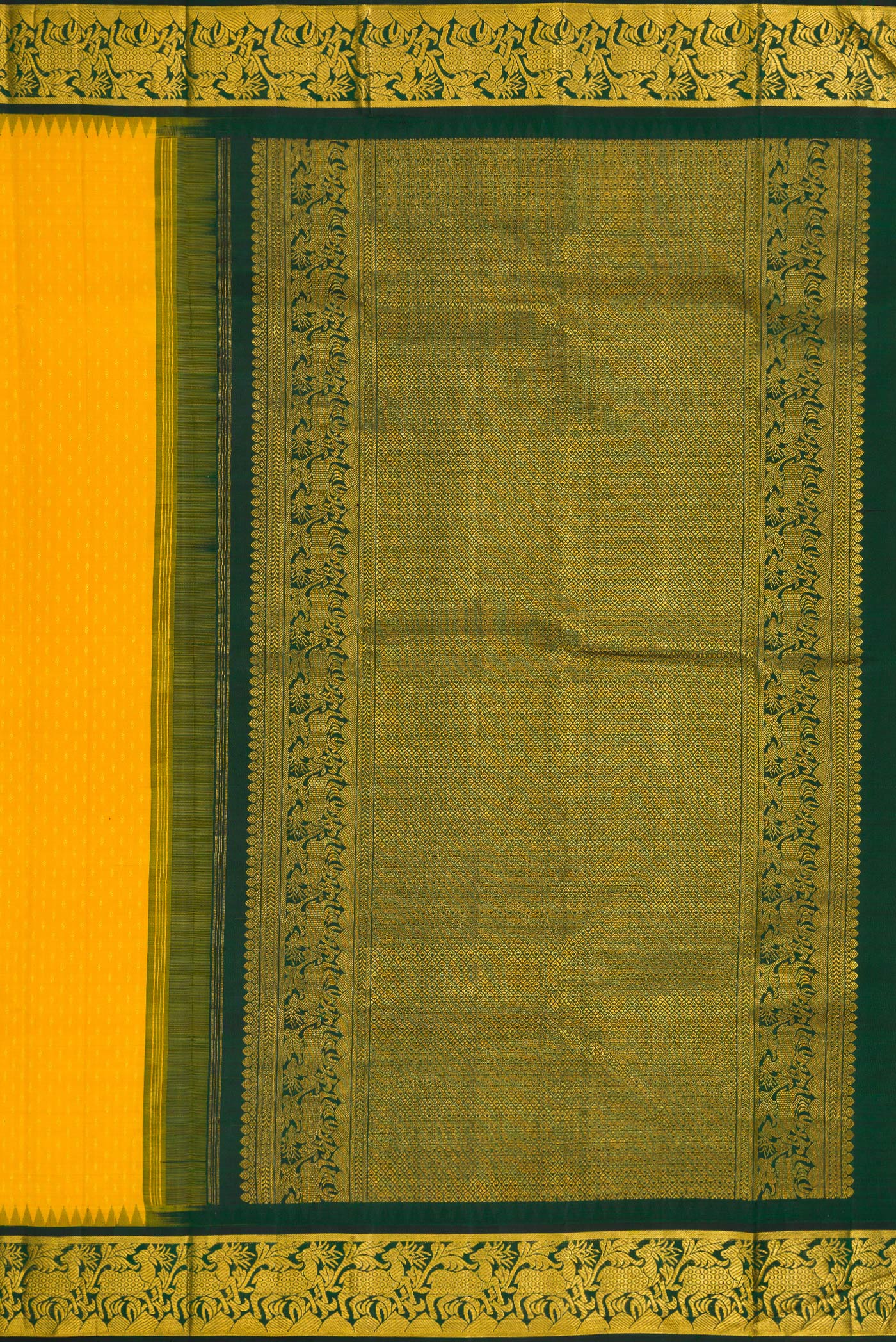 Close up image of the pallu of Yellow Dual Tone Kanjivaram Silk Saree with Zari Butta on the body and Zari Border. 