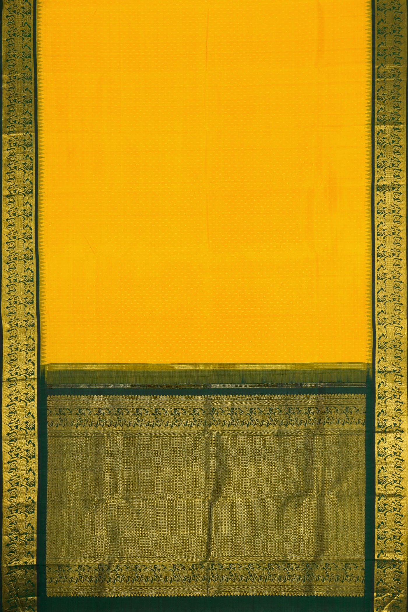 Flat view of Yellow Dual Tone Kanjivaram Silk Saree with Zari Butta on the body and Zari Border. 