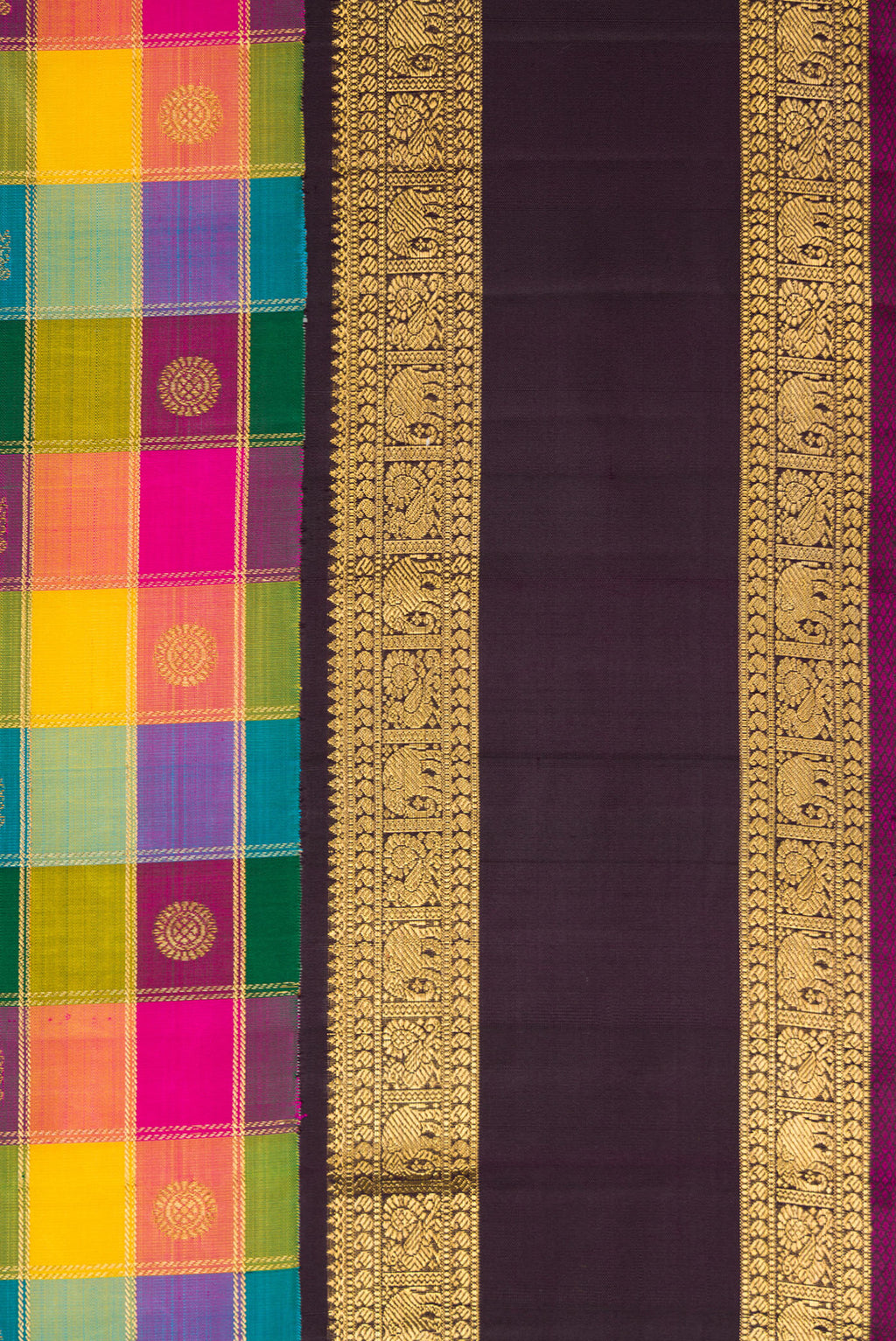 Border image of Pure Silk Pure Zari Bottle Green, Pink and Yellow Color Kanchipuram Saree with Checked design on the body and Zari Border. 