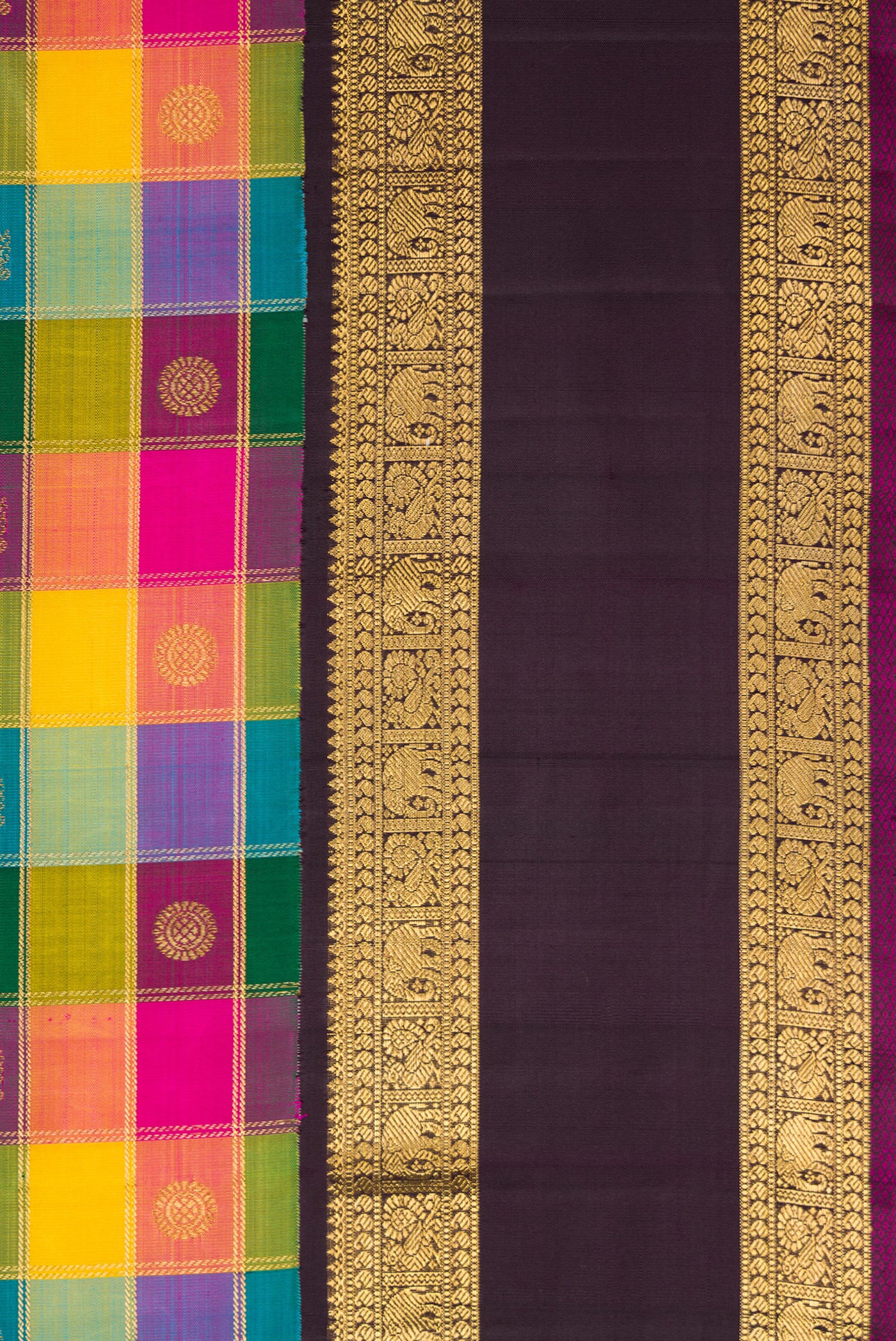 Border image of Pure Silk Pure Zari Bottle Green, Pink and Yellow Color Kanchipuram Saree with Checked design on the body and Zari Border. 