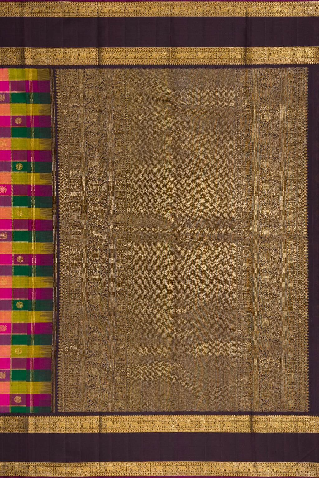 Close up image of the pallu of Pure Silk Pure Zari Bottle Green, Pink and Yellow Color Kanchipuram Saree with Checked design on the body and Zari Border. 