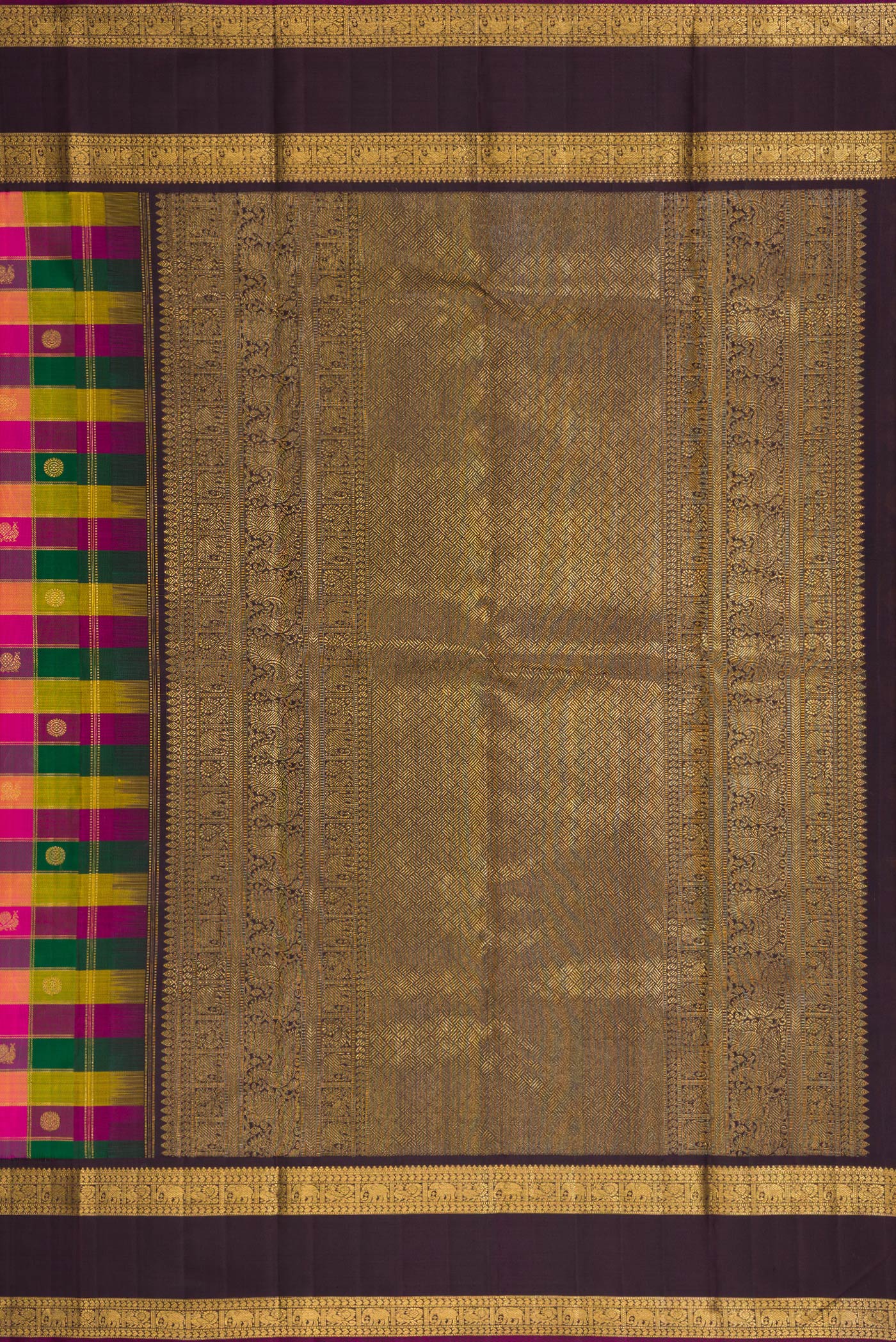 Close up image of the pallu of Pure Silk Pure Zari Bottle Green, Pink and Yellow Color Kanchipuram Saree with Checked design on the body and Zari Border. 