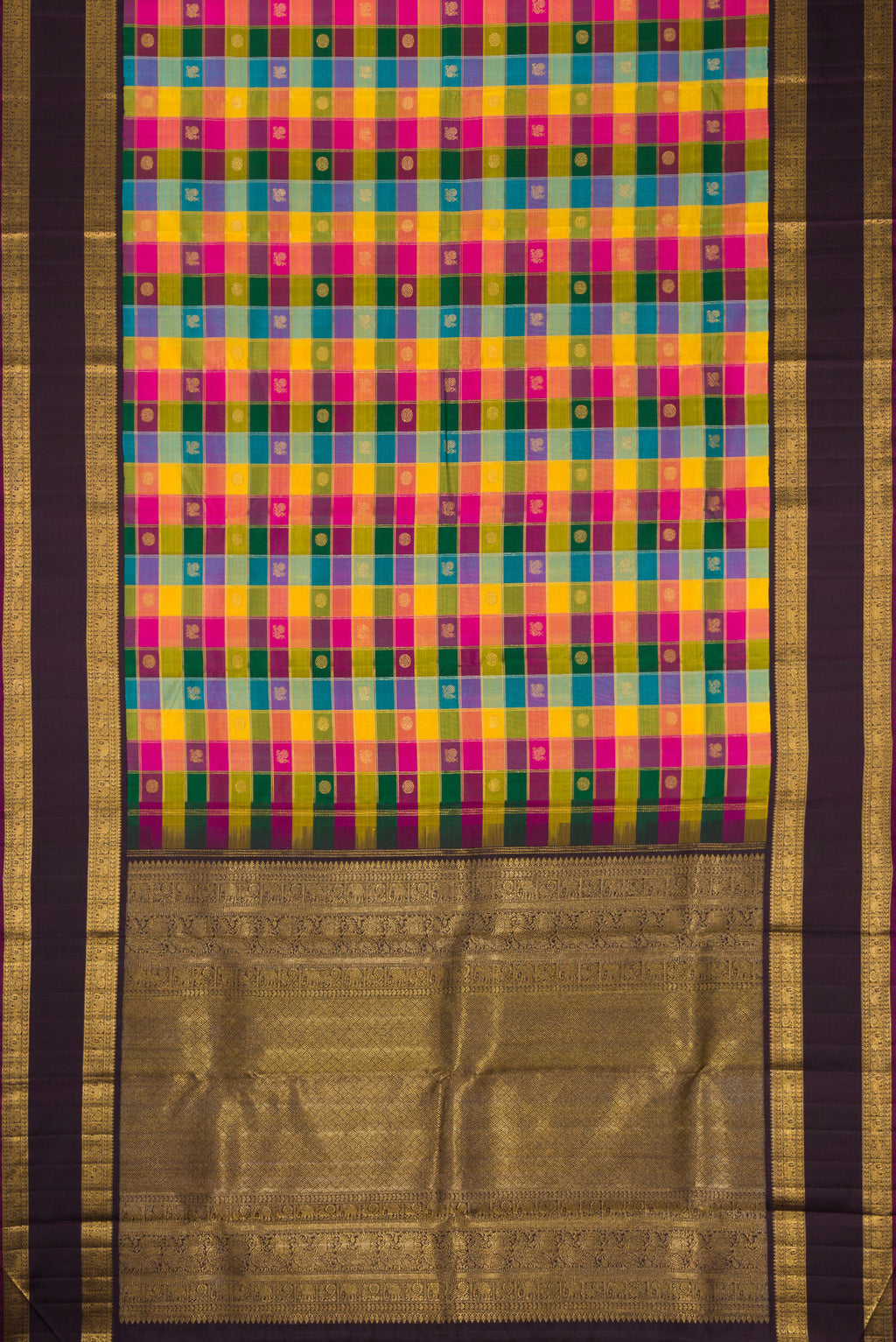 Flat view of Pure Silk Pure Zari Bottle Green, Pink and Yellow Color Kanchipuram Saree with Checked design on the body and Zari Border. 