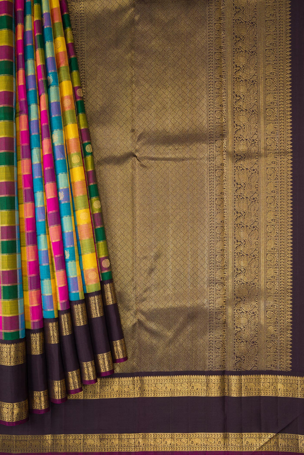 Pleats and pallu of Pure Silk Pure Zari Bottle Green, Pink and Yellow Color Kanchipuram Saree with Checked design on the body and Zari Border. 