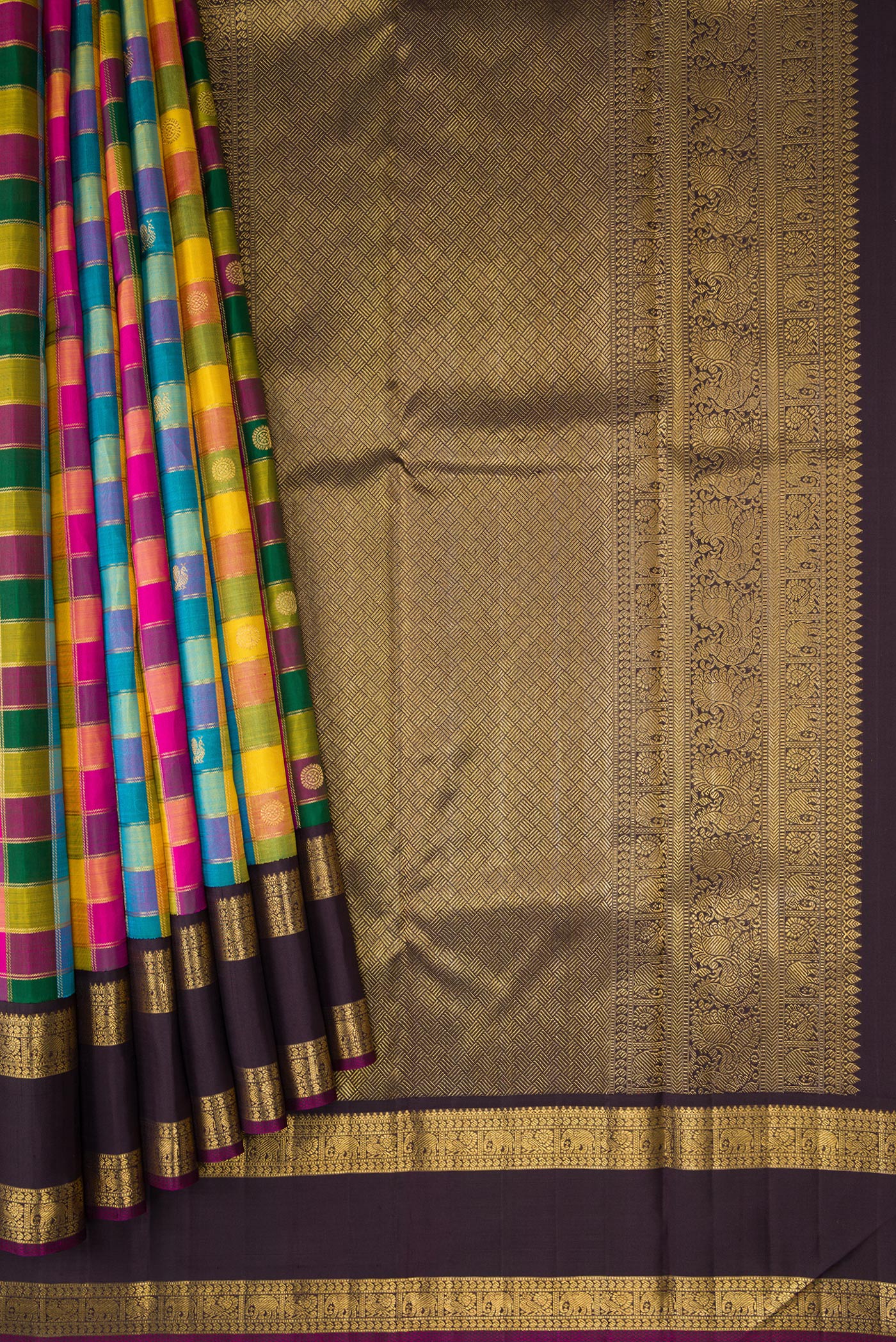 Pleats and pallu of Pure Silk Pure Zari Bottle Green, Pink and Yellow Color Kanchipuram Saree with Checked design on the body and Zari Border. 