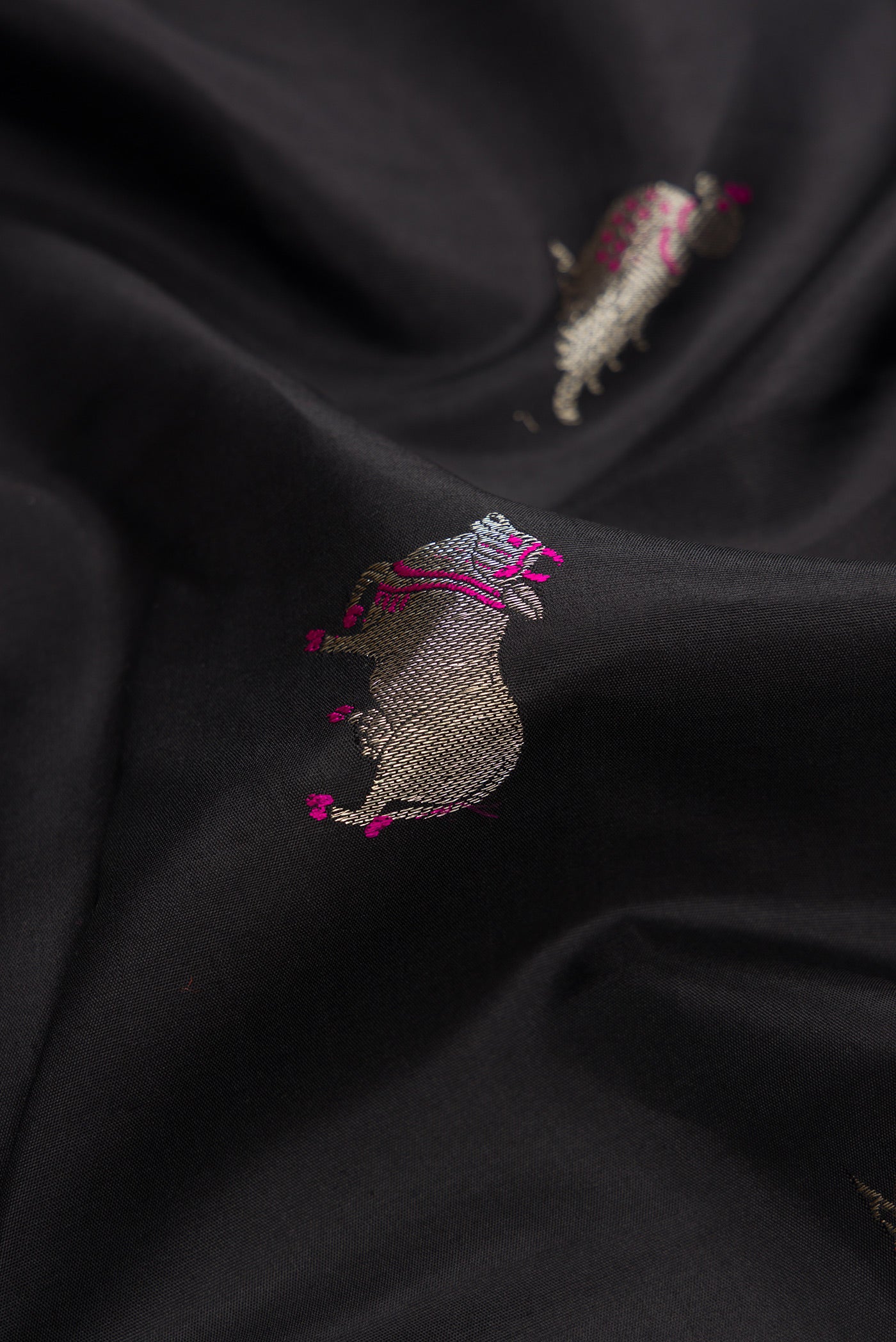 Close up of Black Dual Tone Kanjivaram Silk Saree with Zari And Thread Butta on the body and Zari Border.  displaying folds