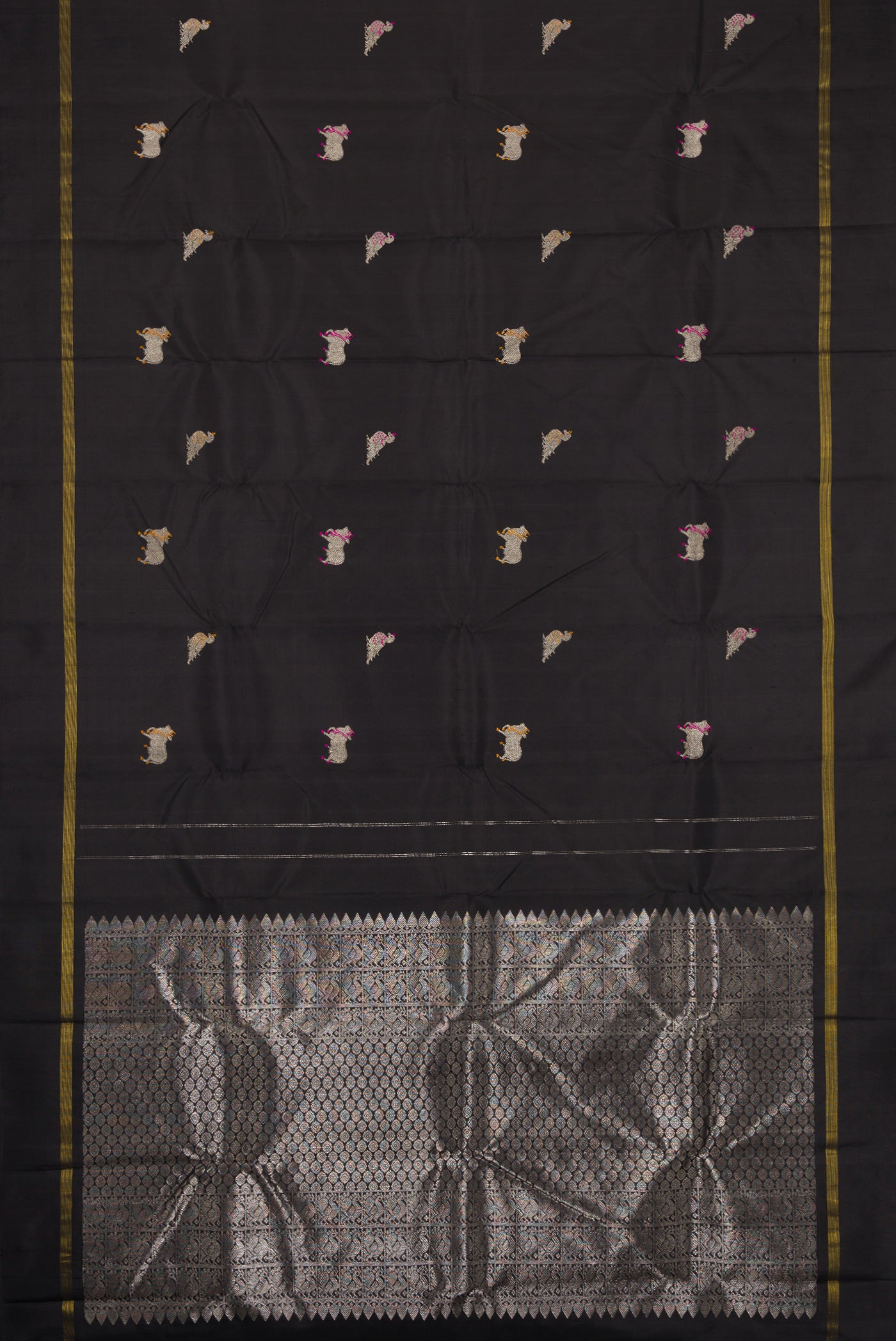 Flat view of Black Dual Tone Kanjivaram Silk Saree with Zari And Thread Butta on the body and Zari Border. 