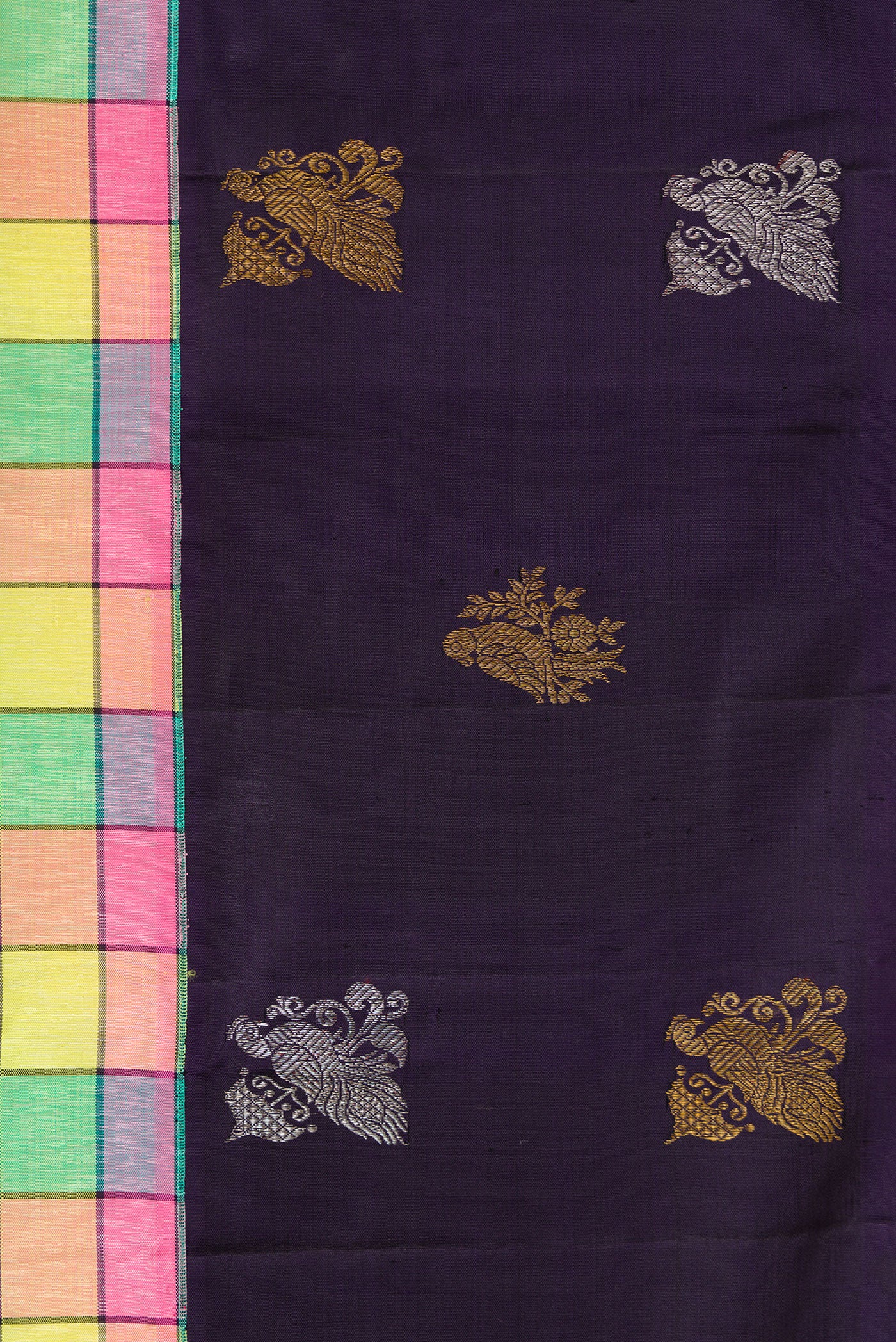 Border image of Pure Silk Pure Zari Green, Pink, Peach and Yellow Color Kanjivaram Saree with Checked design on the body and Fancy Border. 