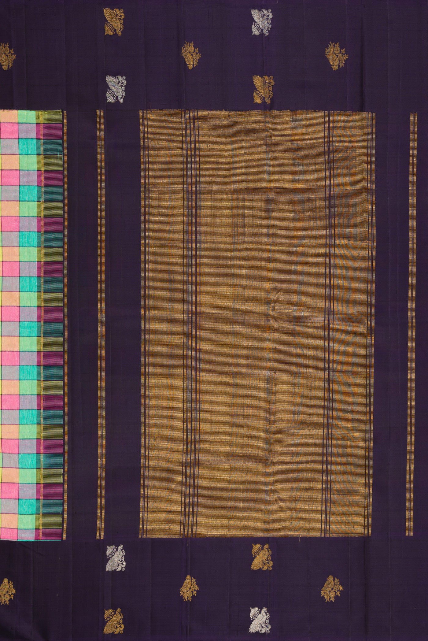 Close up image of the pallu of Pure Silk Pure Zari Green, Pink, Peach and Yellow Color Kanjivaram Saree with Checked design on the body and Fancy Border. 