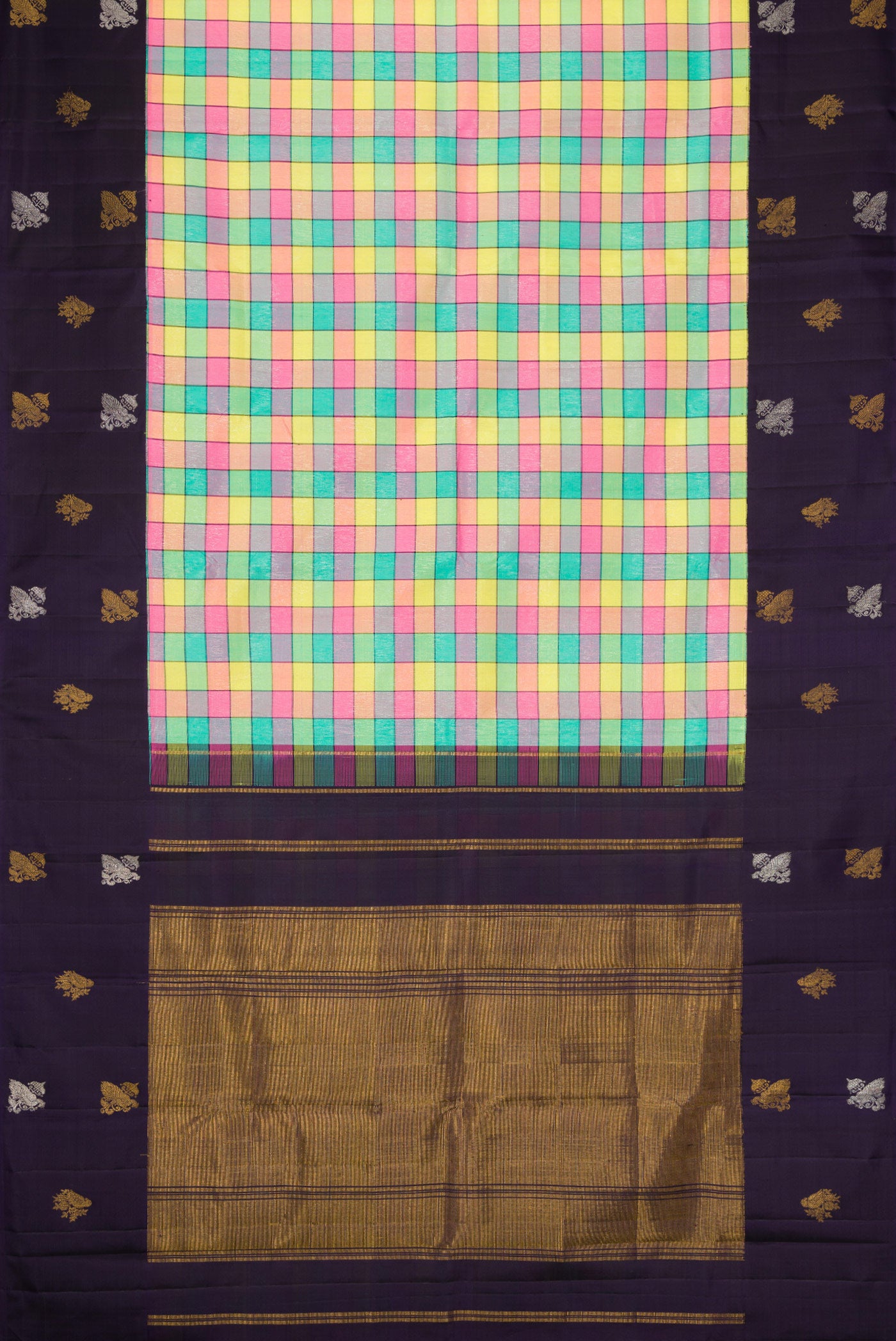 Flat view of Pure Silk Pure Zari Green, Pink, Peach and Yellow Color Kanjivaram Saree with Checked design on the body and Fancy Border. 