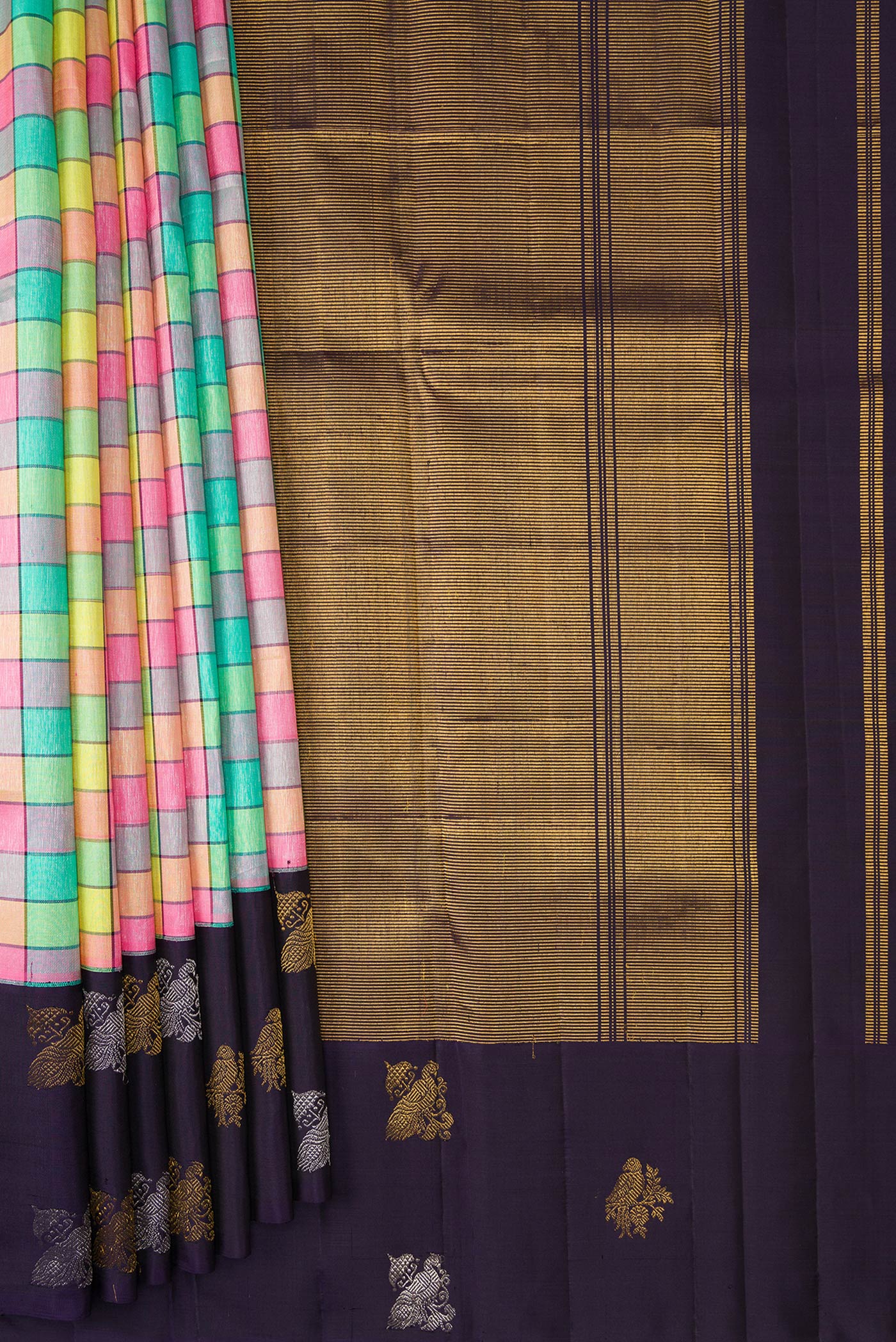 Pleats and pallu of Pure Silk Pure Zari Green, Pink, Peach and Yellow Color Kanjivaram Saree with Checked design on the body and Fancy Border. 