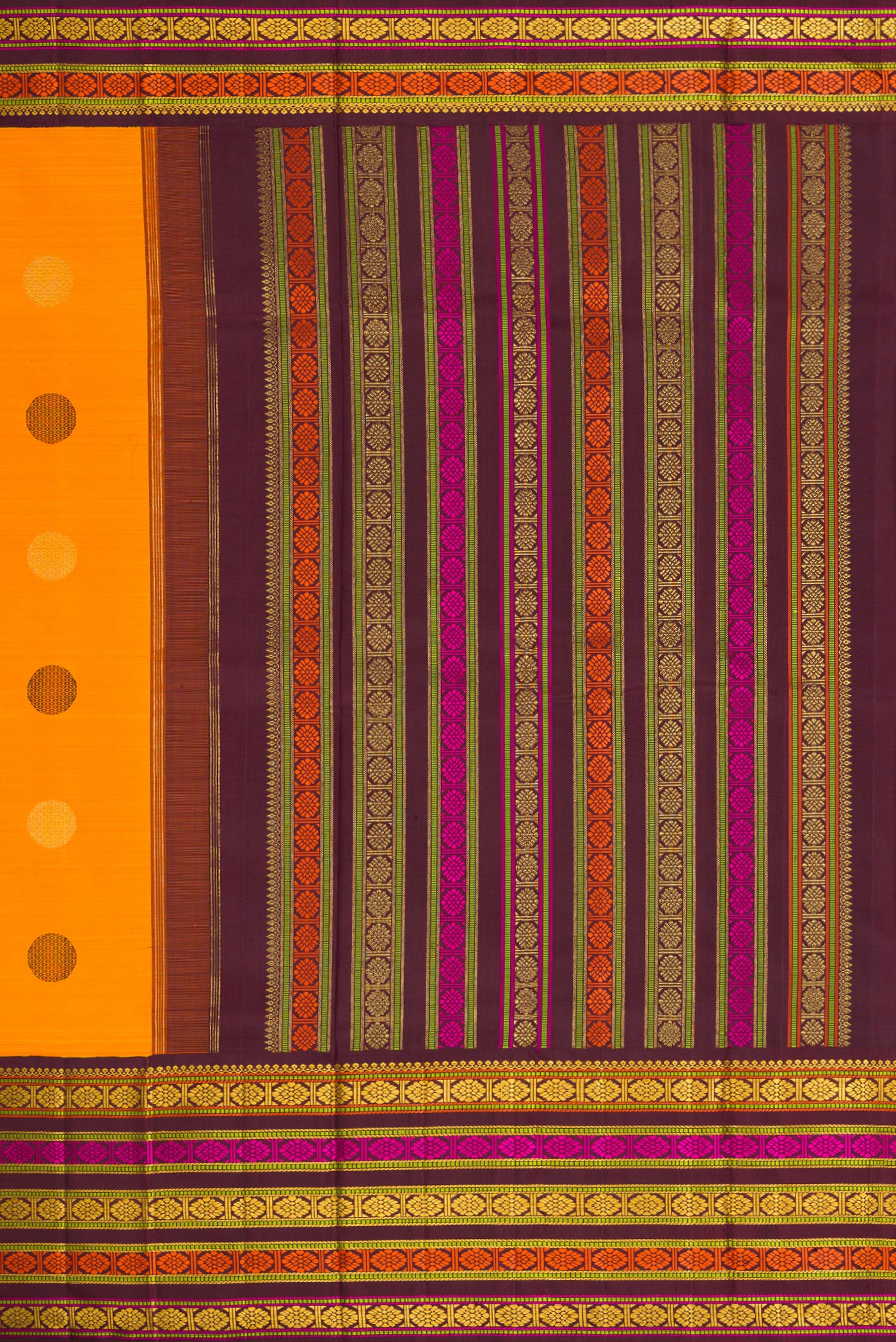 Close up image of the pallu of Pure Silk Pure Zari Mustard Dual Tone Kanchipuram Saree with Zari And Thread Butta on the body and Zari And Thread Border. 