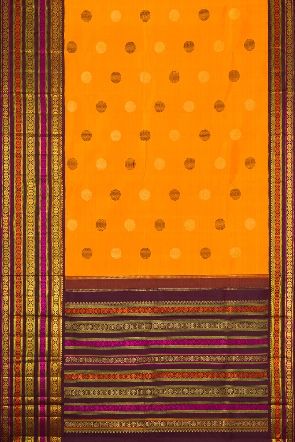 Flat view of Pure Silk Pure Zari Mustard Dual Tone Kanchipuram Saree with Zari And Thread Butta on the body and Zari And Thread Border. 