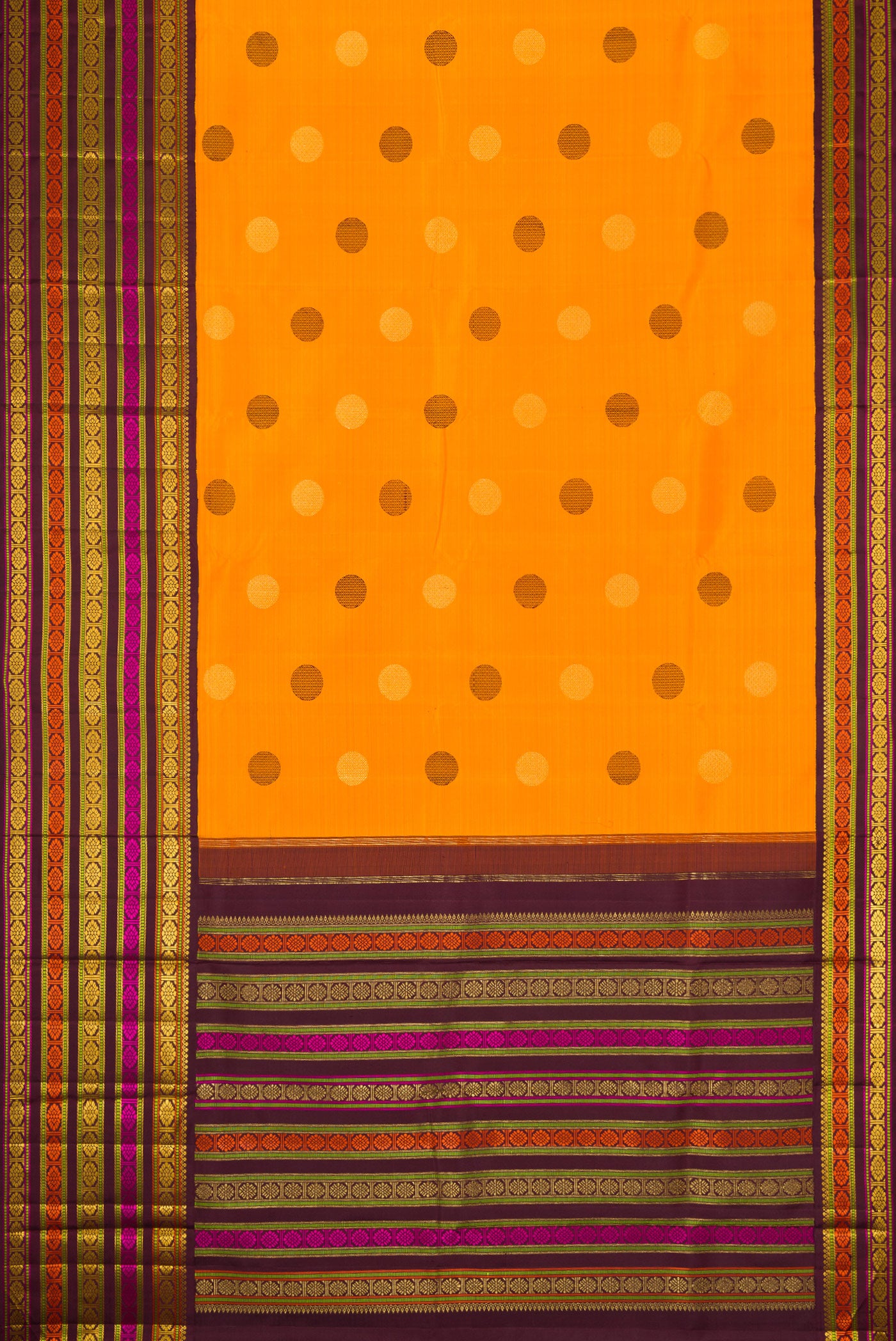 Flat view of Pure Silk Pure Zari Mustard Dual Tone Kanchipuram Saree with Zari And Thread Butta on the body and Zari And Thread Border. 