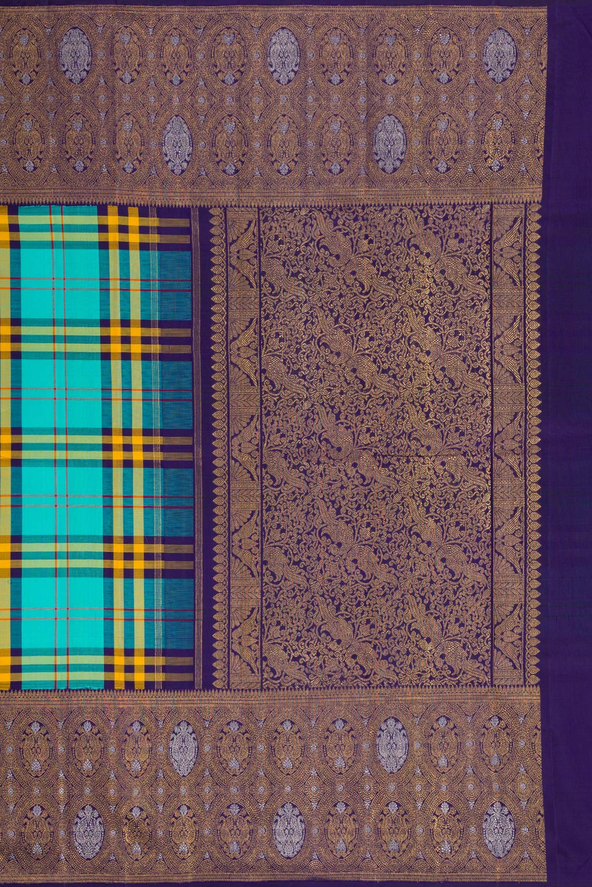 Close up image of the pallu of Pure Silk Pure Zari Multi Color Kanjivaram Saree with Checked design on the body and Fancy Border. 