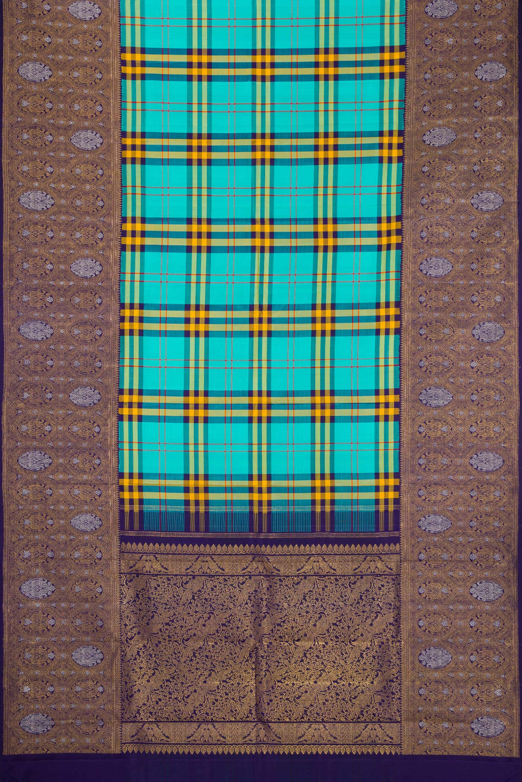 Flat view of Pure Silk Pure Zari Multi Color Kanjivaram Saree with Checked design on the body and Fancy Border. 