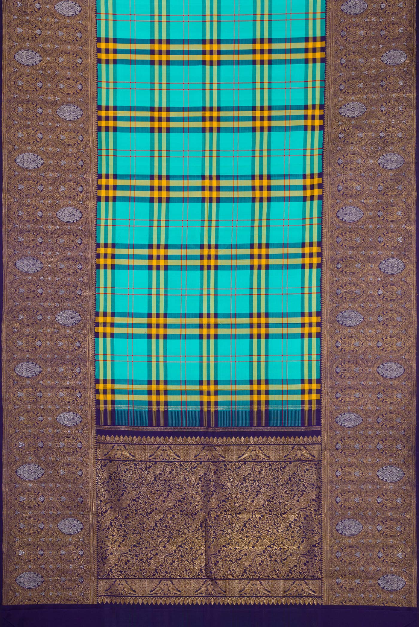 Flat view of Pure Silk Pure Zari Multi Color Kanjivaram Saree with Checked design on the body and Fancy Border. 