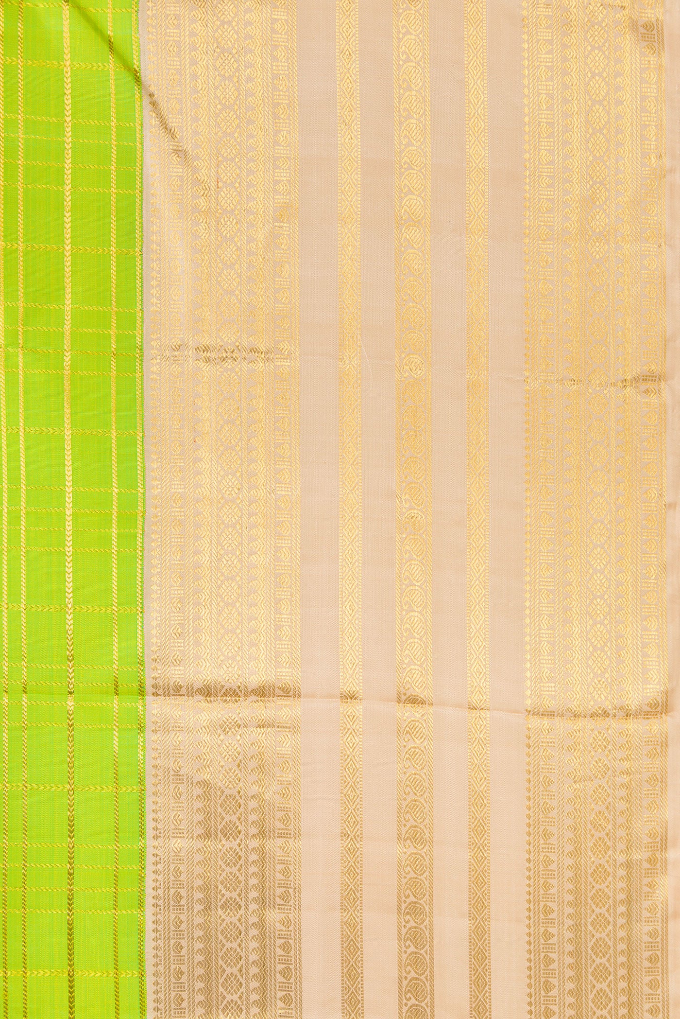 Border image of Parrot Green Dual Tone Kanchipuram Silk Saree with Checked design on the body and Zari Border. 