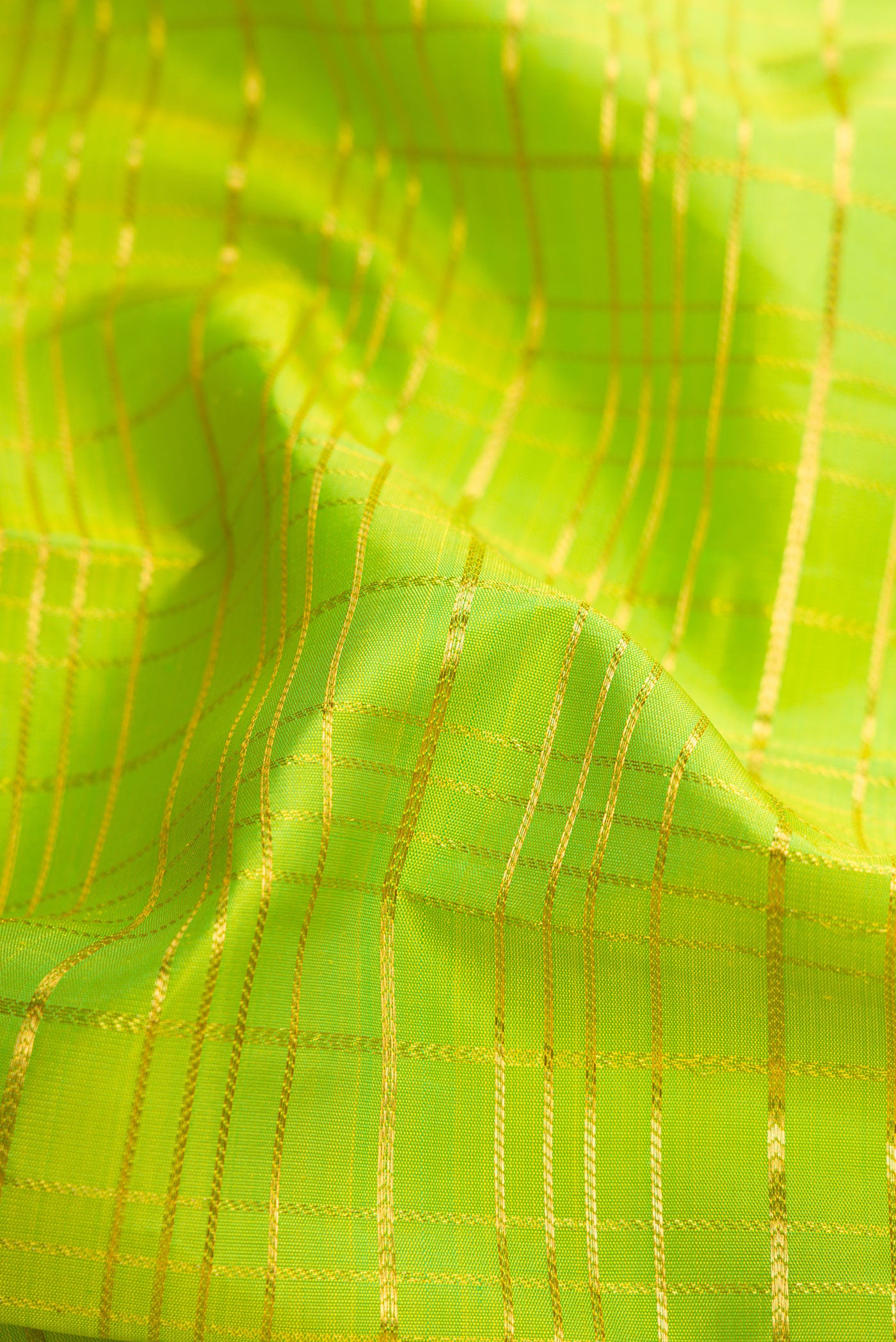 Close up of Parrot Green Dual Tone Kanchipuram Silk Saree with Checked design on the body and Zari Border.  displaying folds