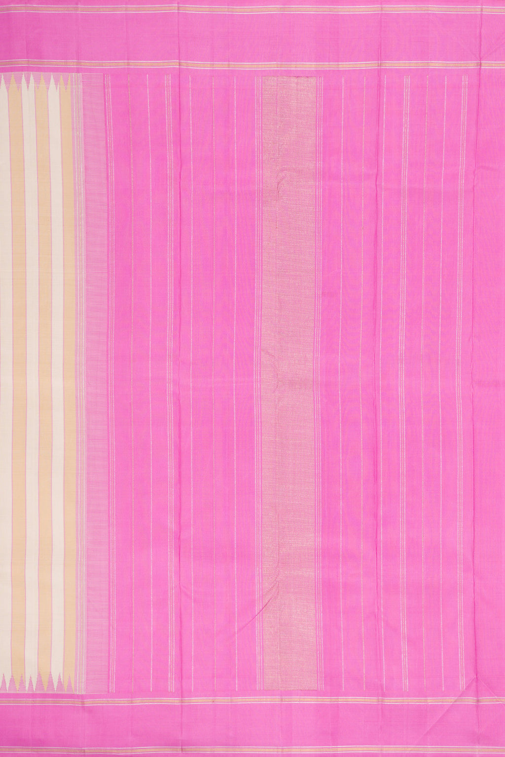 Close up image of the pallu of Multi Color Kanjivaram Silk Saree with Stripes on the body and Temple Border. 
