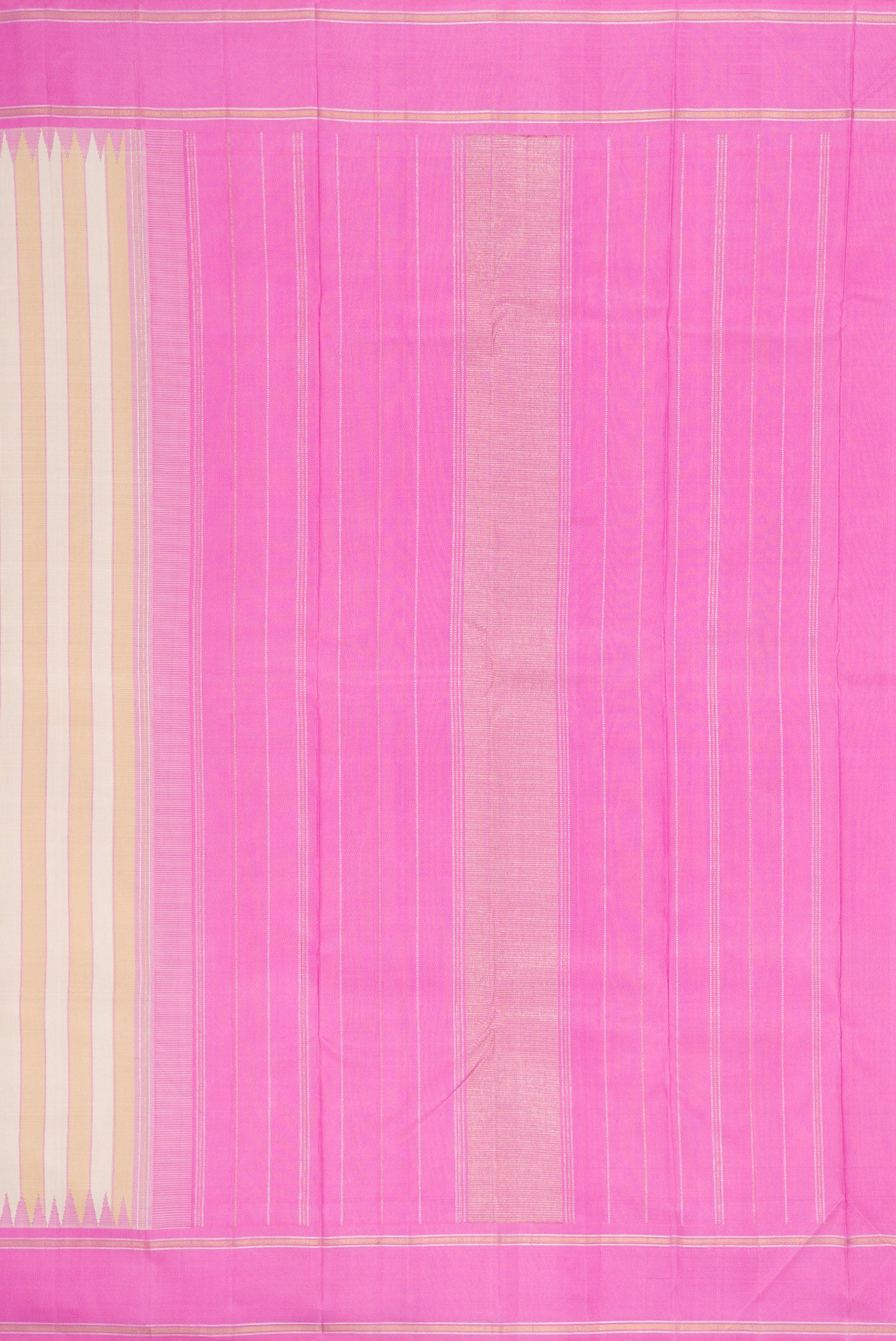 Close up image of the pallu of Multi Color Kanjivaram Silk Saree with Stripes on the body and Temple Border. 