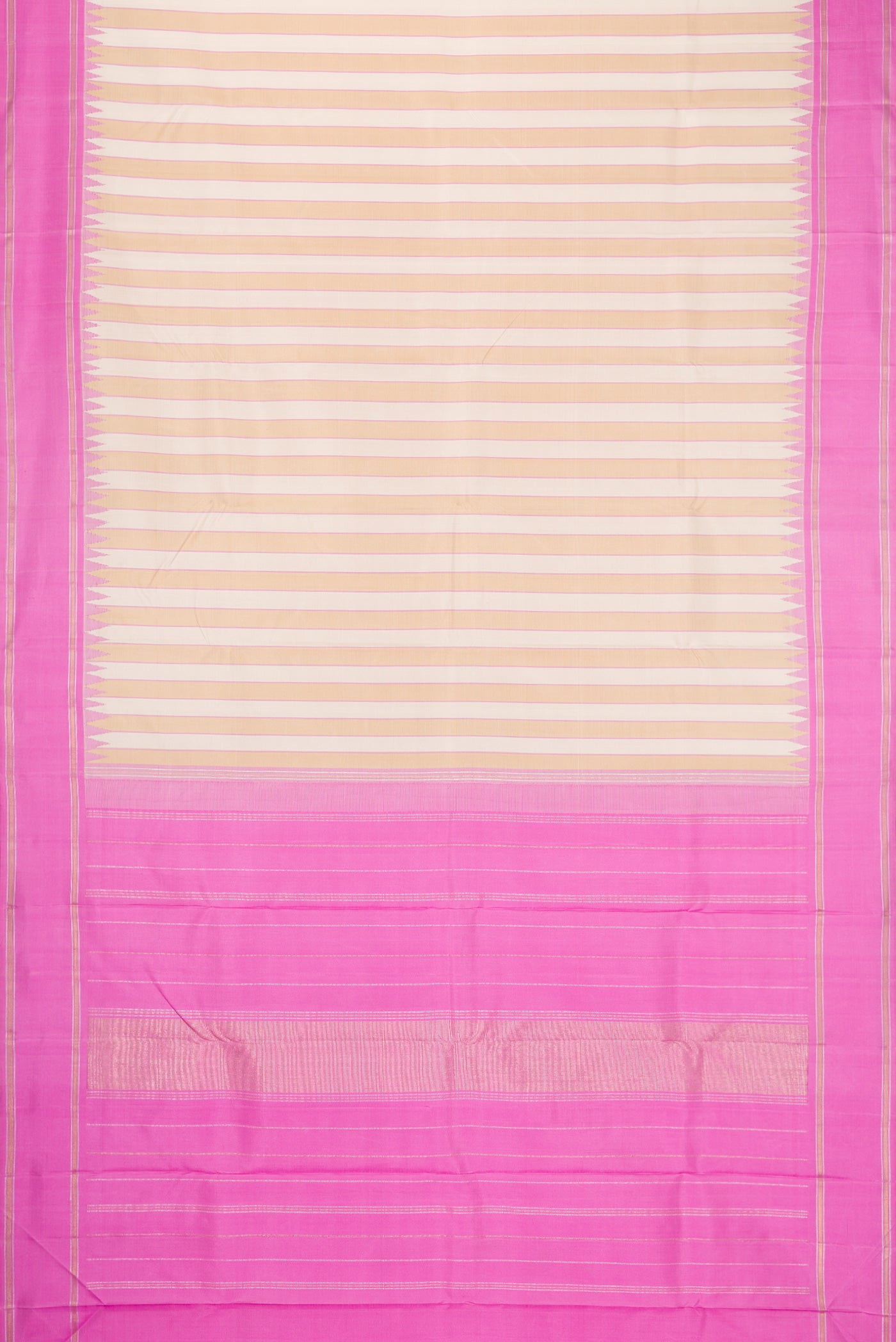 Flat view of Multi Color Kanjivaram Silk Saree with Stripes on the body and Temple Border. 