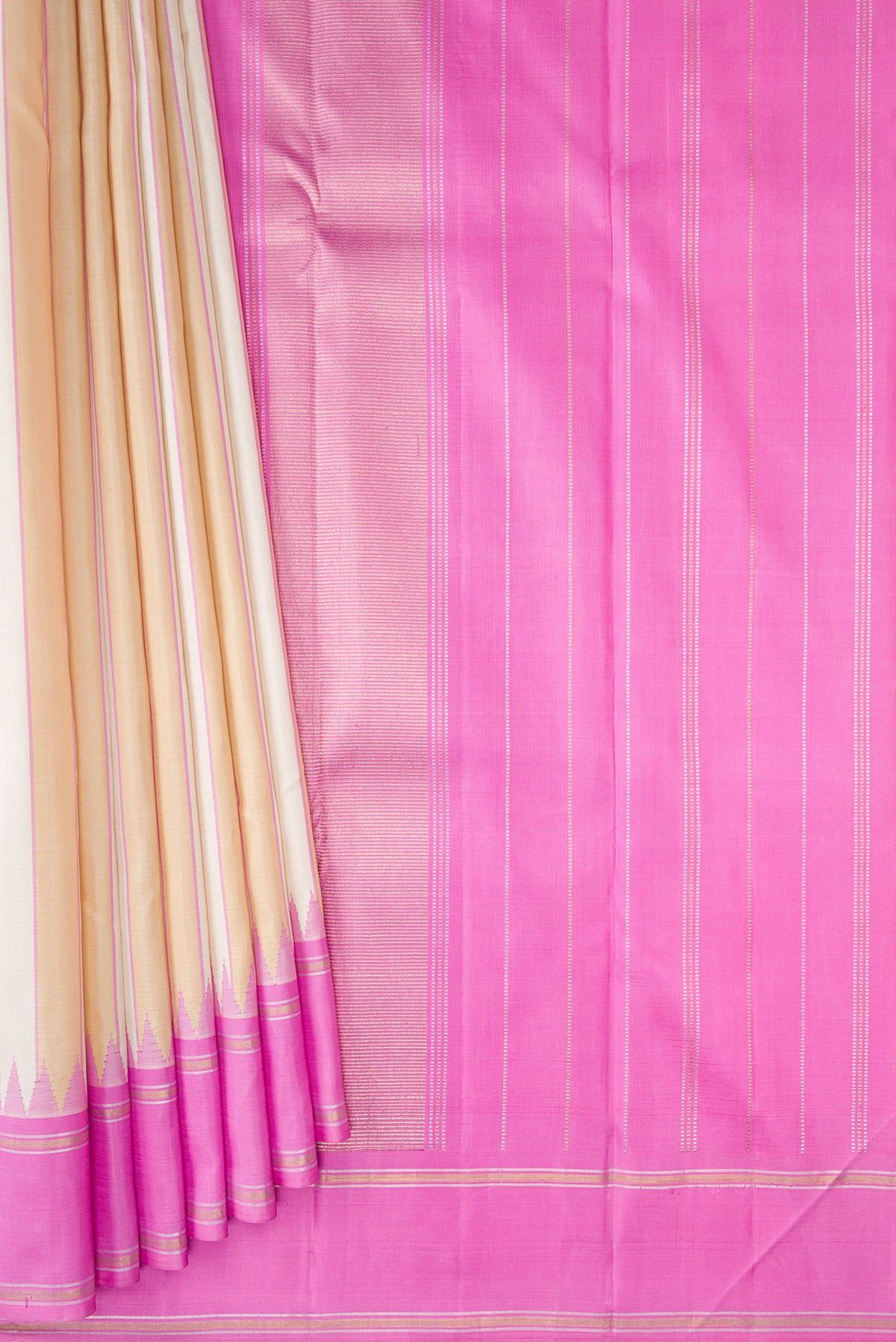 Pleats and pallu of Multi Color Kanjivaram Silk Saree with Stripes on the body and Temple Border. 