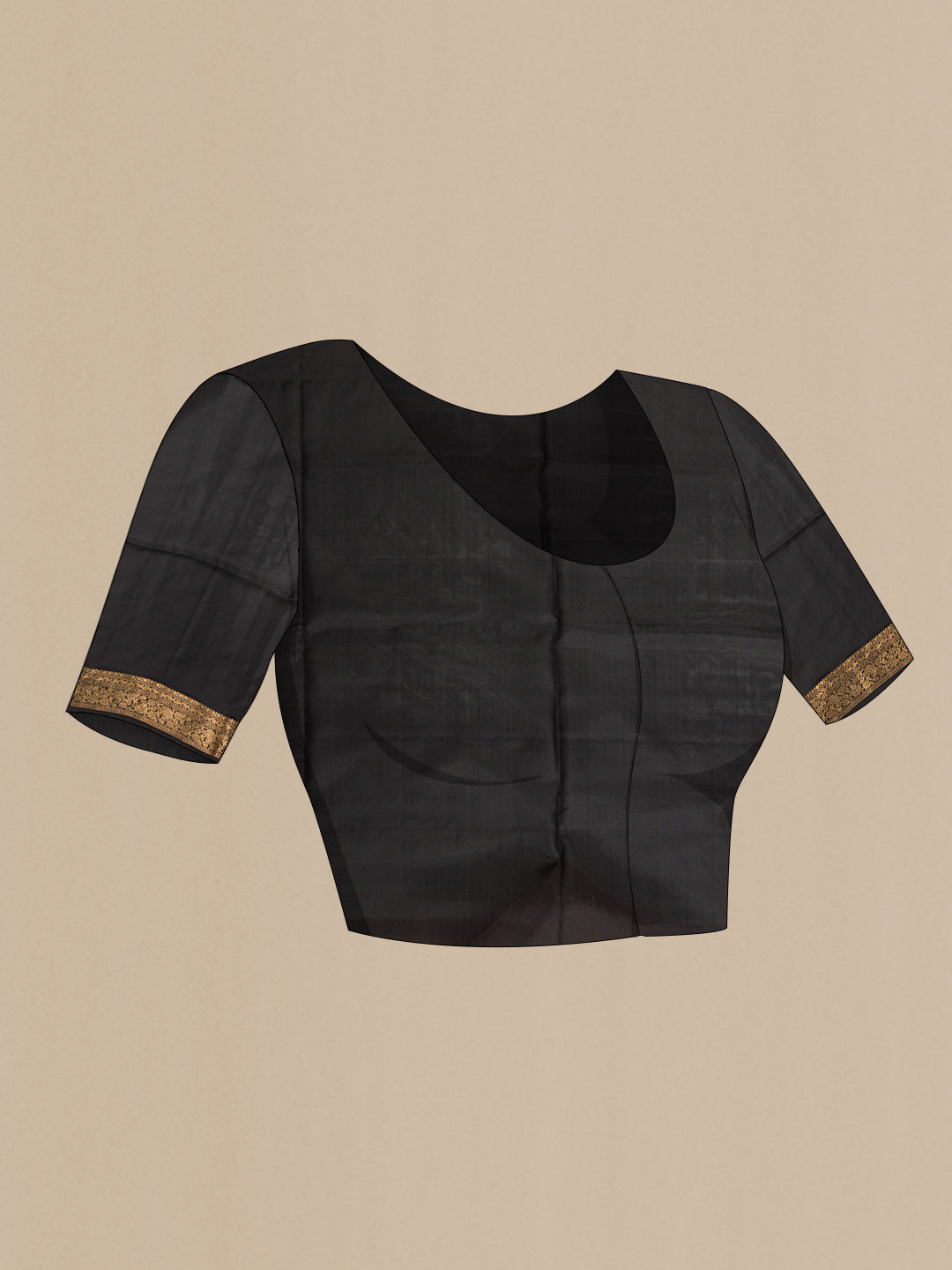 Close up image of the blouse of Mustard Soft Silk Saree with Zari Butta on the body and Zari Border. 