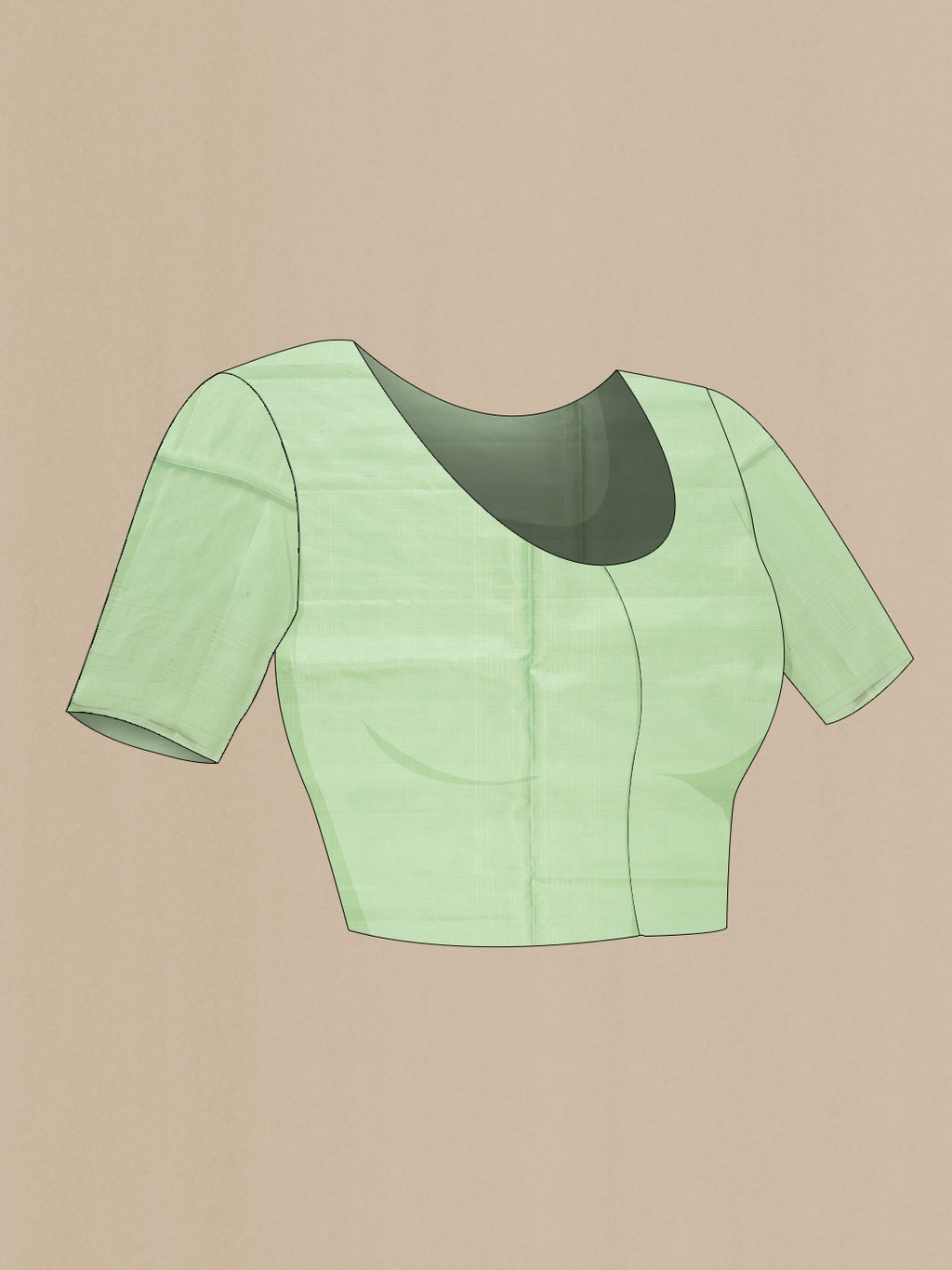 Close up image of the blouse of Pista Green Soft Silk Saree with Stripes on the body and Without Border. 