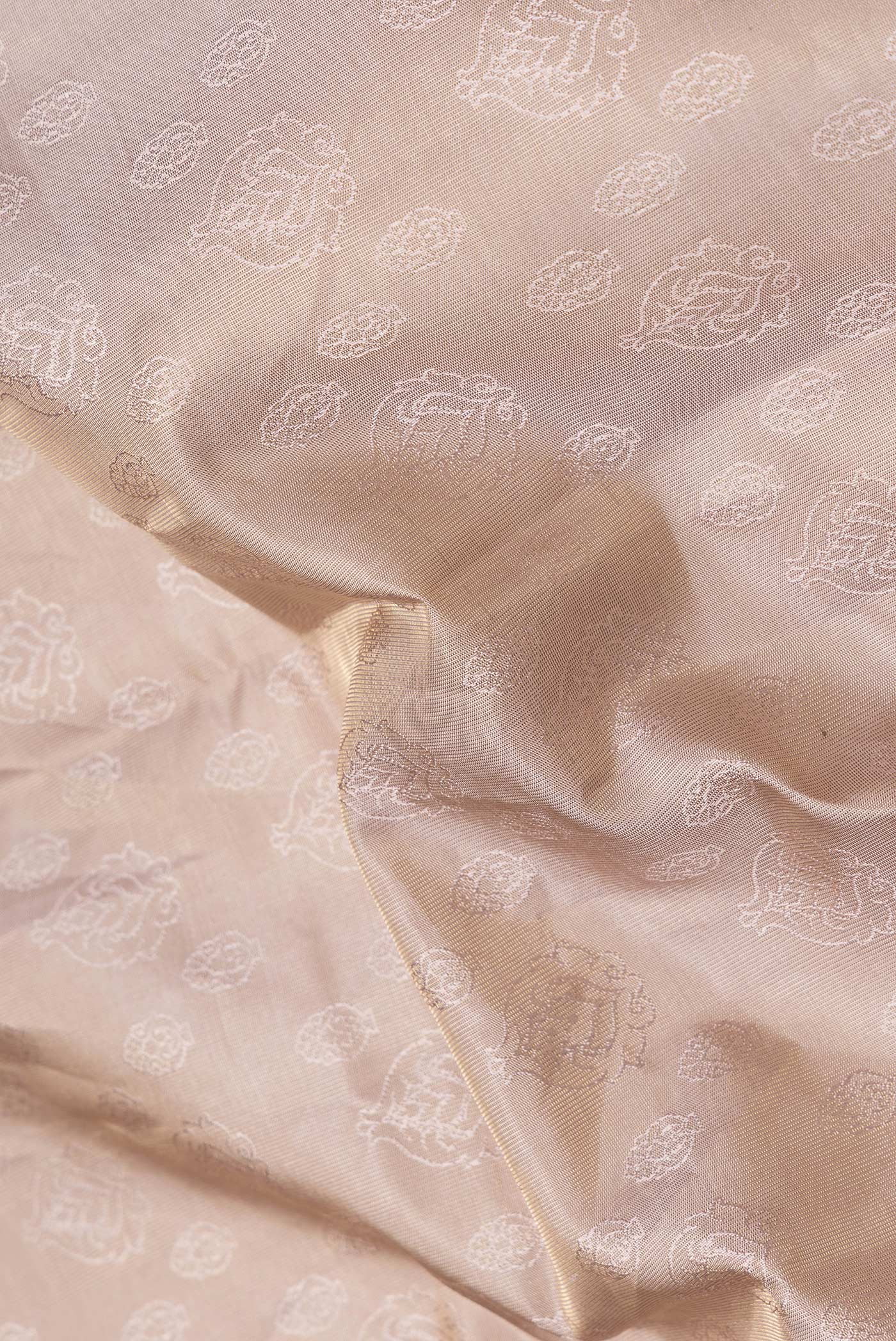 Close up of Beige Dual Tone Kanchipuram Silk Saree with Jacquard design on the body and Zari Border.  displaying folds
