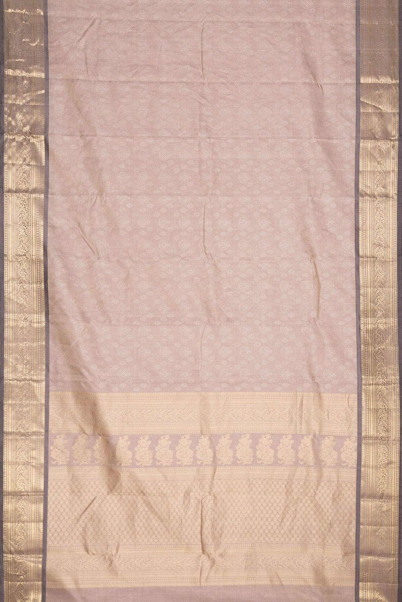 Flat view of Beige Dual Tone Kanchipuram Silk Saree with Jacquard design on the body and Zari Border. 