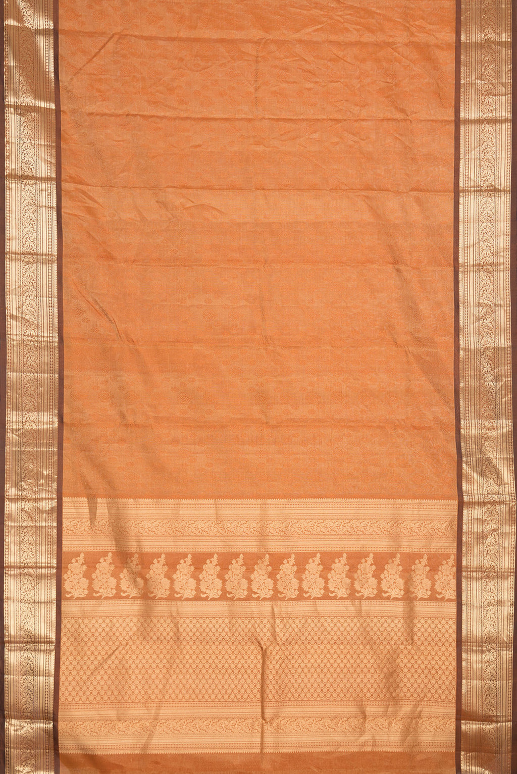 Flat view of Mustard Dual Tone Kanchipuram Silk Saree with Jacquard design on the body and Zari Border. 